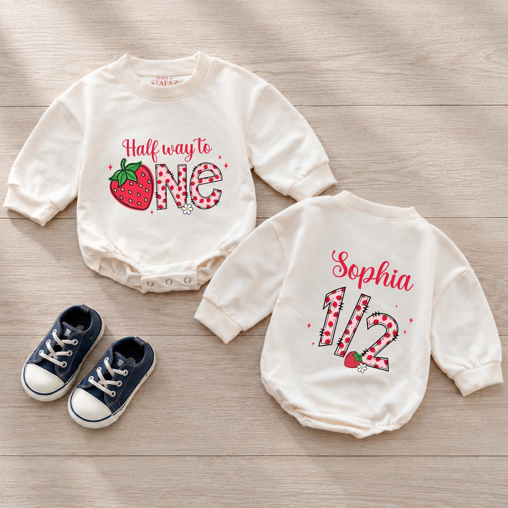 Half Way to One Strawberry Baby Romper Custom Name Soft Cotton White Mauve Infant Girl Outfit Milestone Birthday Newborn to 24M