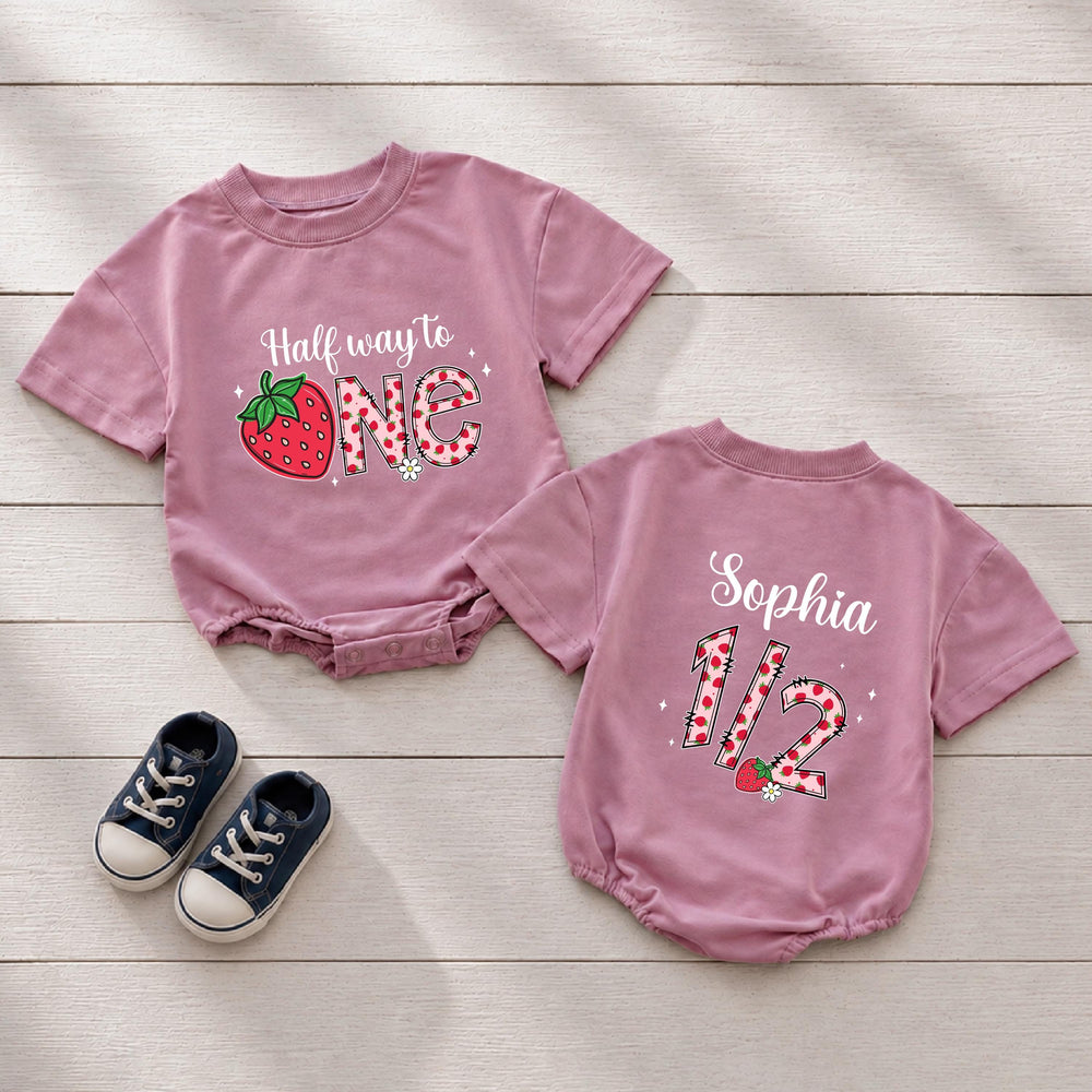 Half Way to One Strawberry Baby Romper Custom Name Soft Cotton White Mauve Infant Girl Outfit Milestone Birthday Newborn to 24M