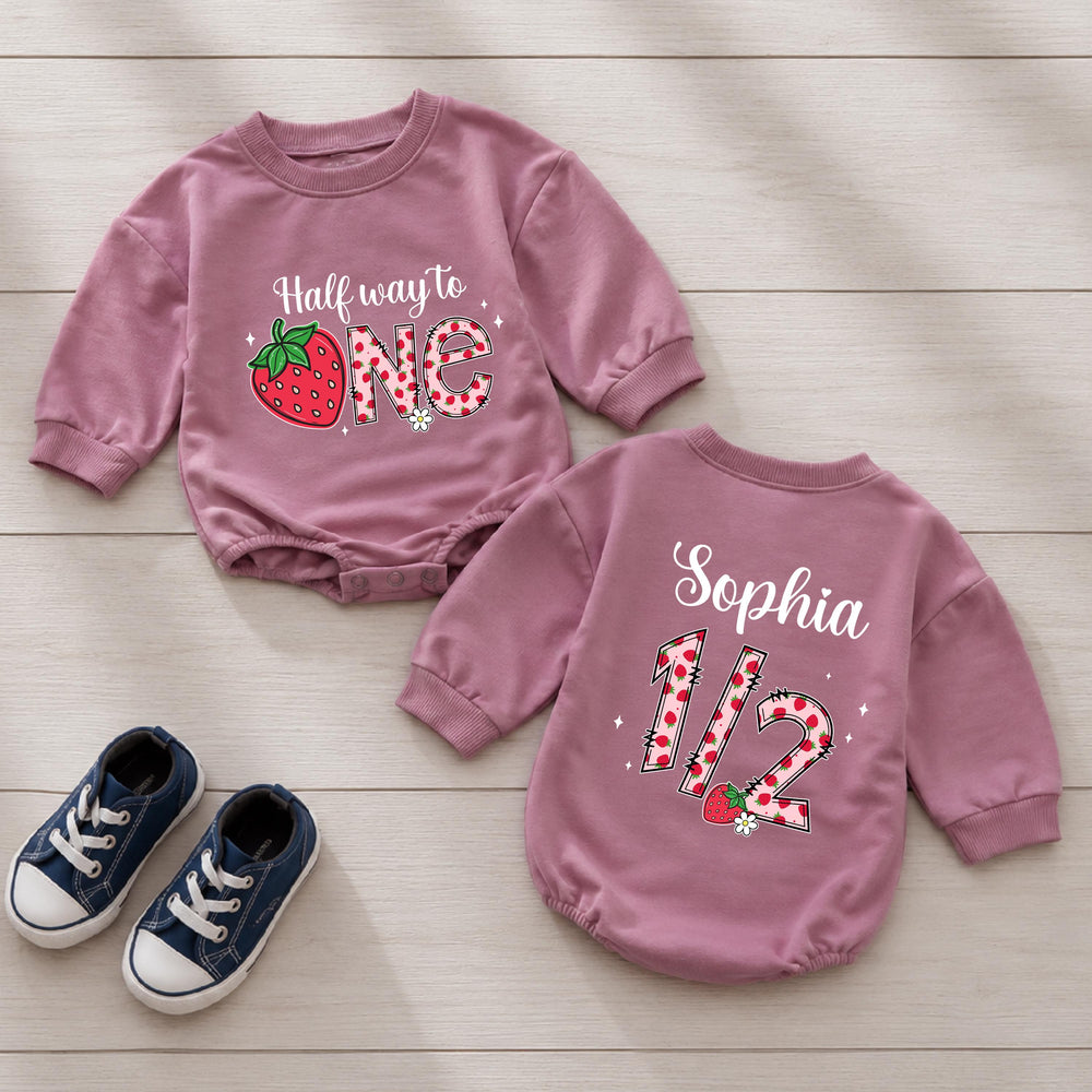 Half Way to One Strawberry Baby Romper Custom Name Soft Cotton White Mauve Infant Girl Outfit Milestone Birthday Newborn to 24M