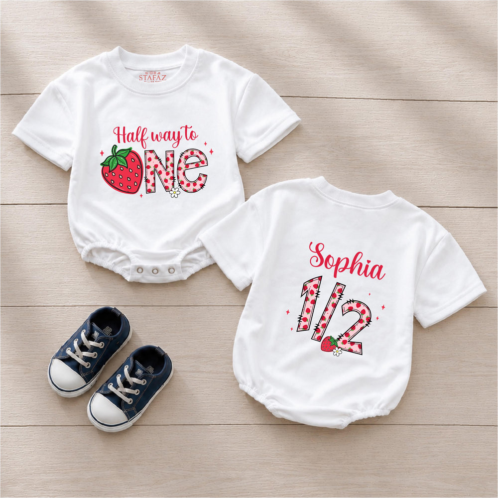 Half Way to One Strawberry Baby Romper Custom Name Soft Cotton White Mauve Infant Girl Outfit Milestone Birthday Newborn to 24M