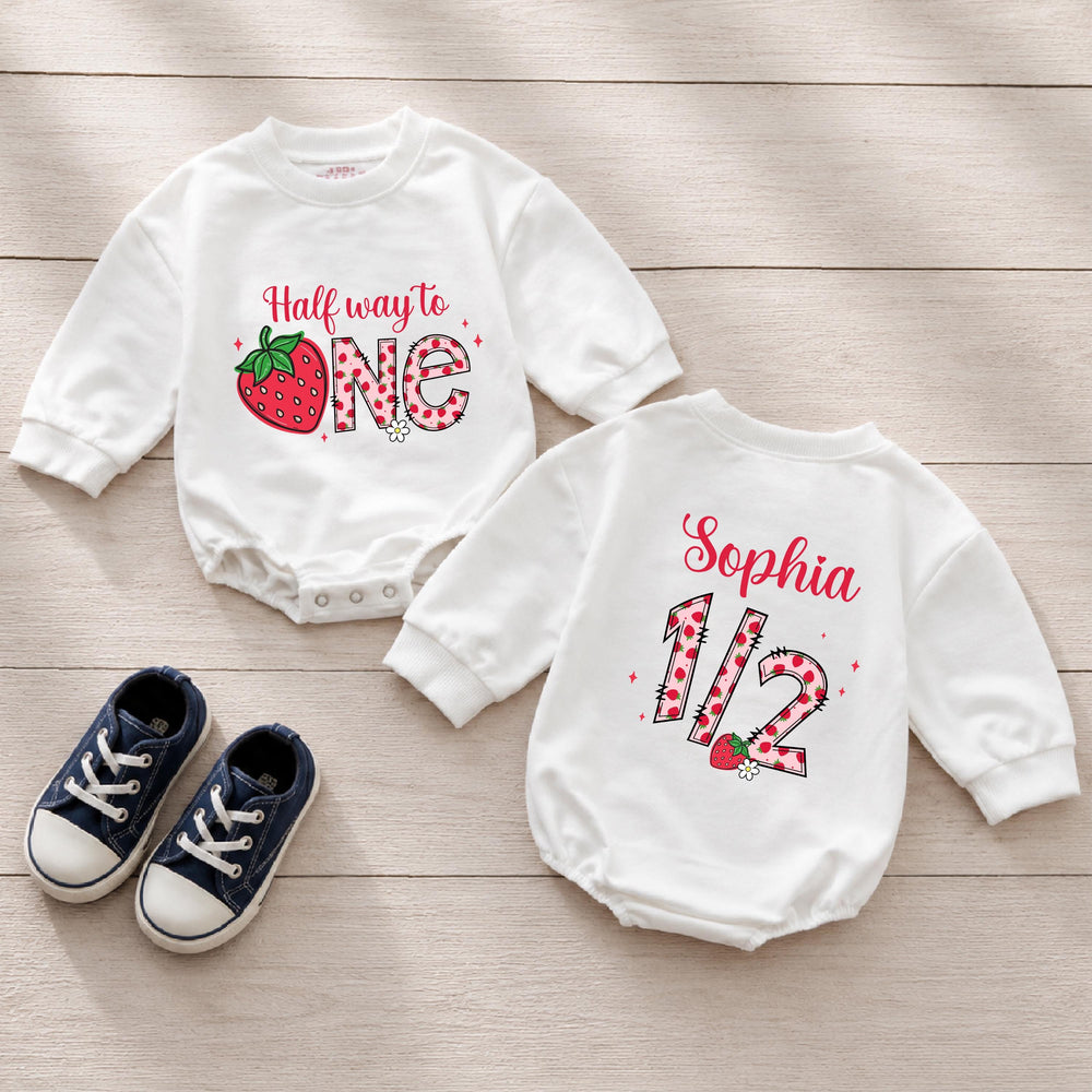 Half Way to One Strawberry Baby Romper Custom Name Soft Cotton White Mauve Infant Girl Outfit Milestone Birthday Newborn to 24M