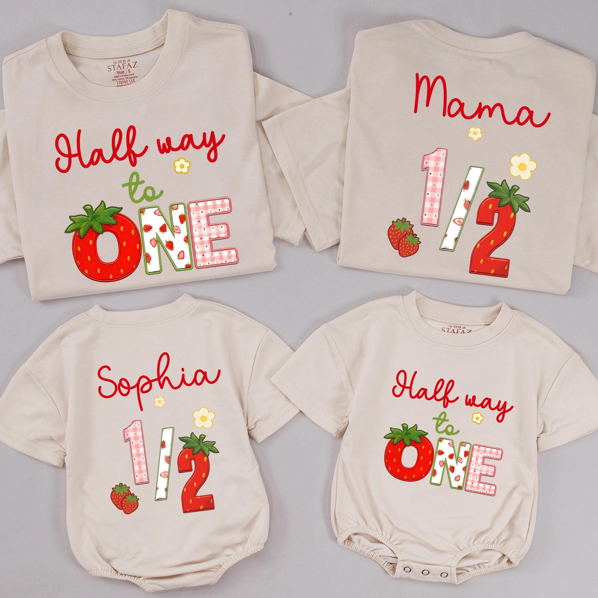 Half Way to One Strawberry Family Matching Outfit with Custom Name, 6 Month Milestone T-Shirts and Baby Bodysuit Set