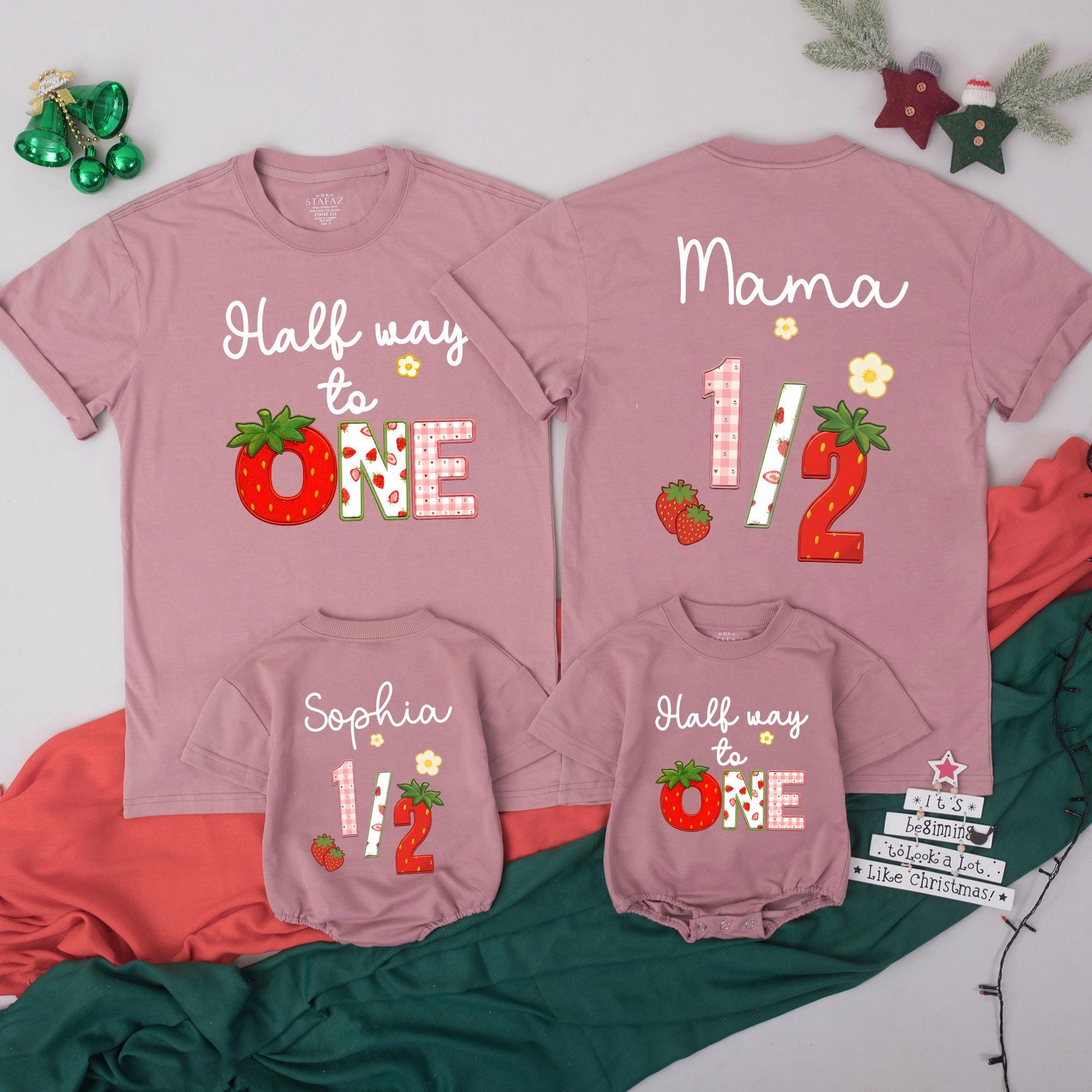 Half Way to One Strawberry Family Matching Outfit with Custom Name, 6 Month Milestone T-Shirts and Baby Bodysuit Set