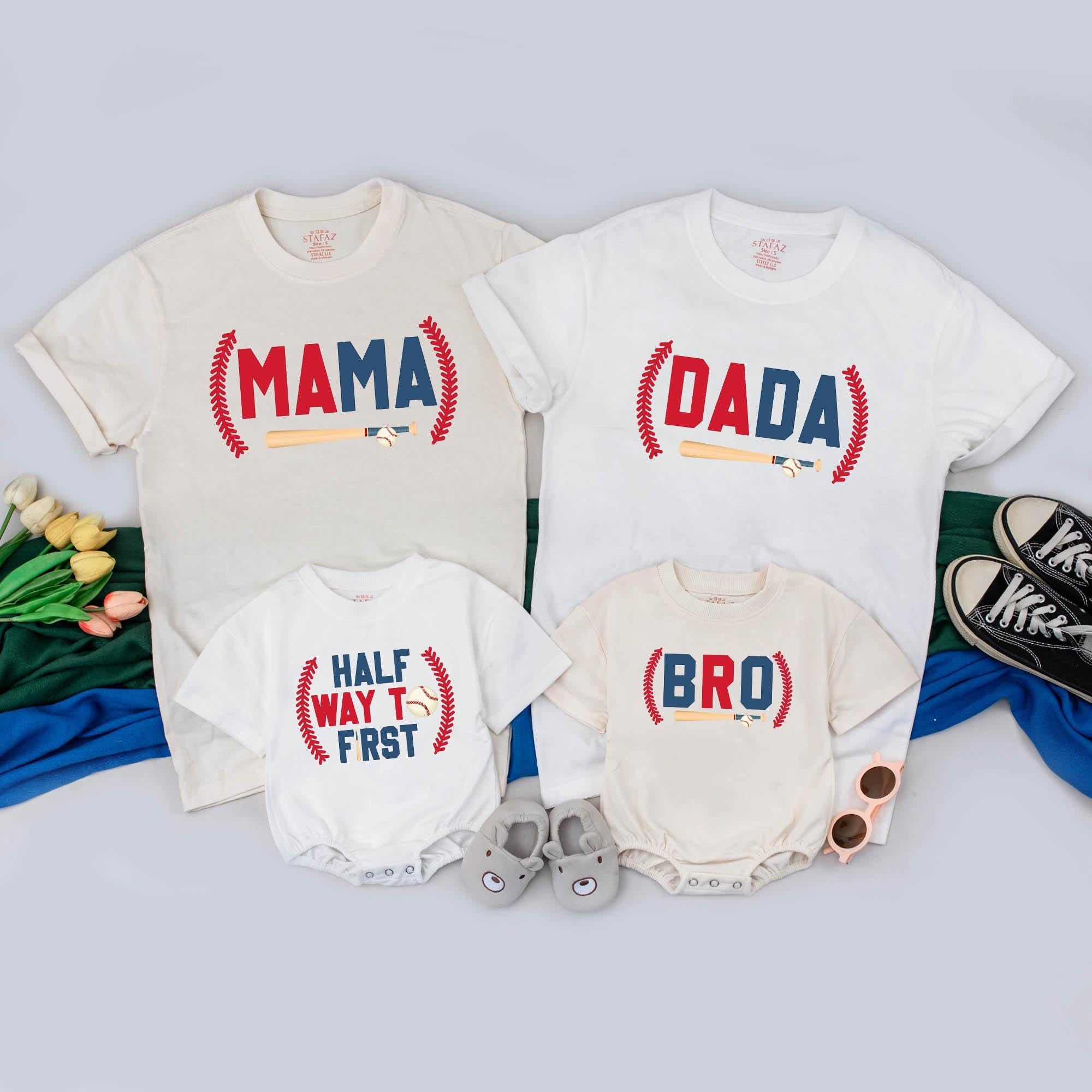 Halfway to First Birthday Baseball Romper for Baby Boys or Girls Custom Outfit Family Matching Shirts Red Blue Half Birthday Gift