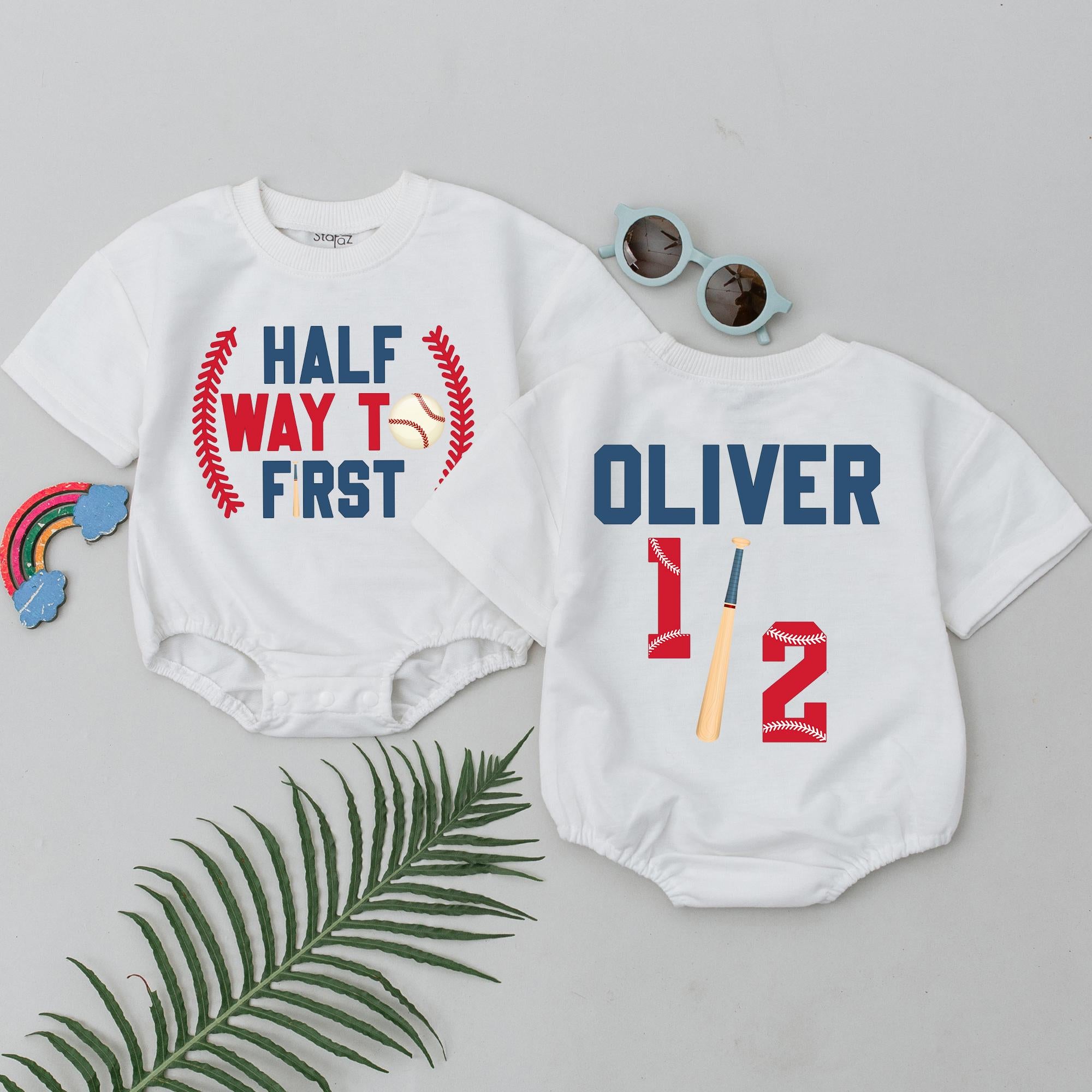 Halfway to First Birthday Baseball Romper for Baby Boys or Girls Custom Outfit Family Matching Shirts Red Blue Half Birthday Gift