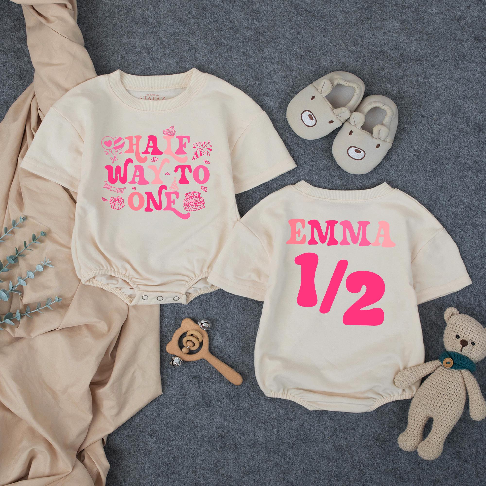 Halfway to One Baby Girl Bubble Romper with Pink Graphic and Custom Name, Half Birthday Outfit for Milestone Photos