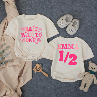 Halfway to One Baby Girl Bubble Romper with Pink Graphic and Custom Name, Half Birthday Outfit for Milestone Photos