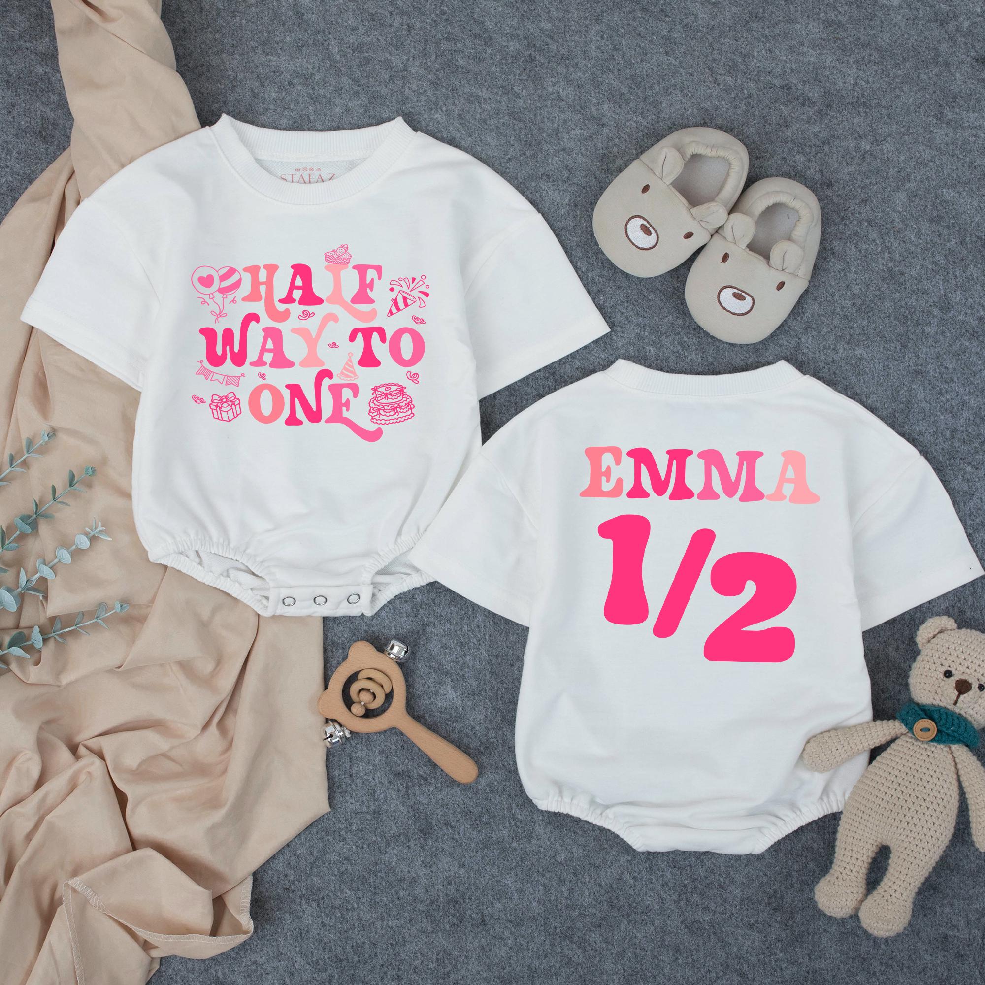 Halfway to One Baby Girl Bubble Romper with Pink Graphic and Custom Name, Half Birthday Outfit for Milestone Photos