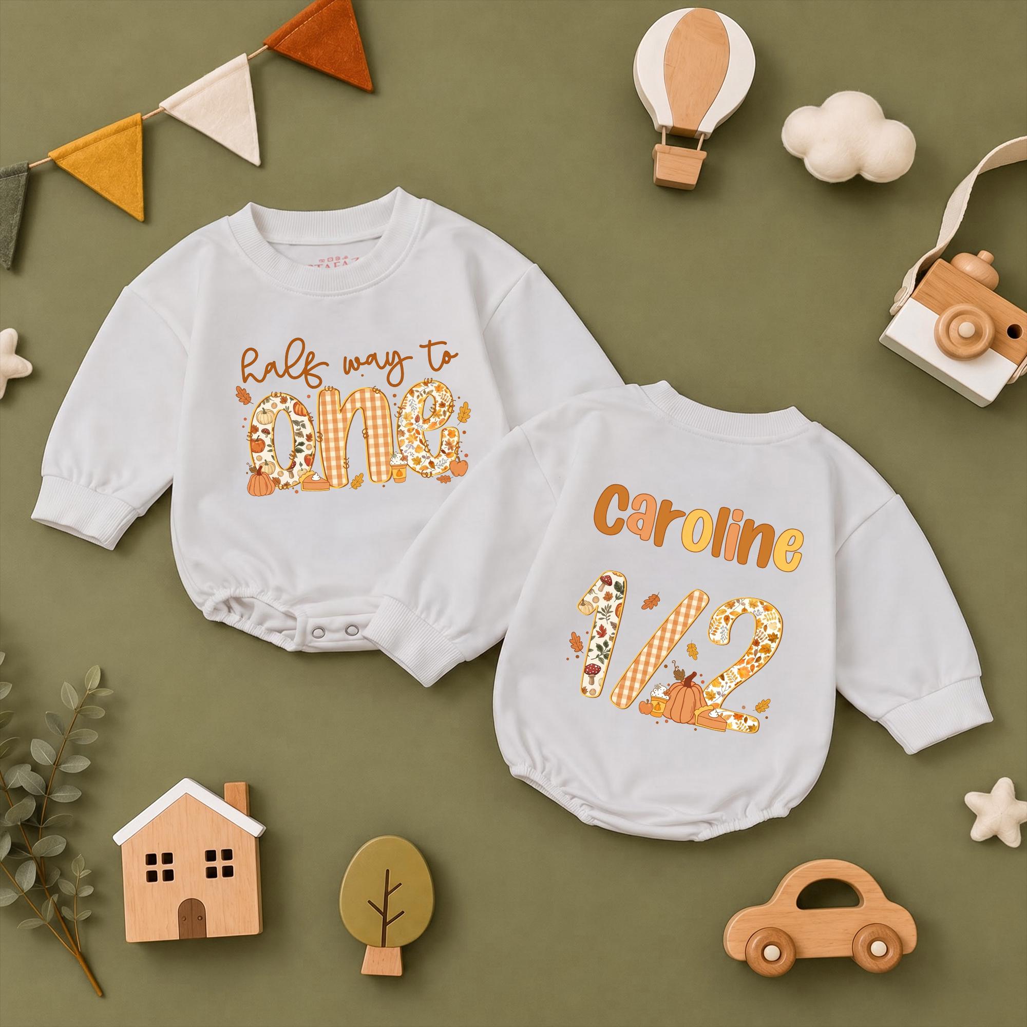 Halfway to One Baby Girl Romper with Pumpkin and Fall Floral Design, Custom Name Half Birthday Outfit for Milestone Photos