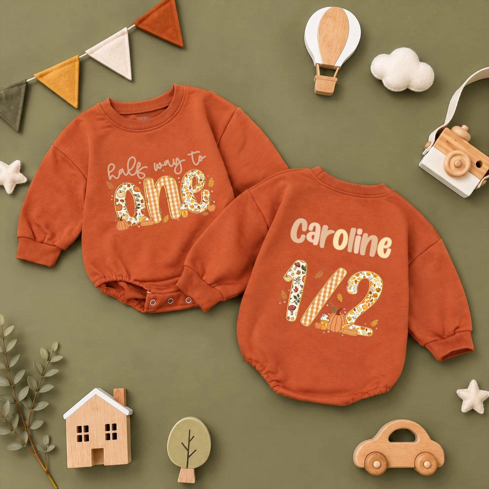Halfway to One Baby Girl Romper with Pumpkin and Fall Floral Design, Custom Name Half Birthday Outfit for Milestone Photos