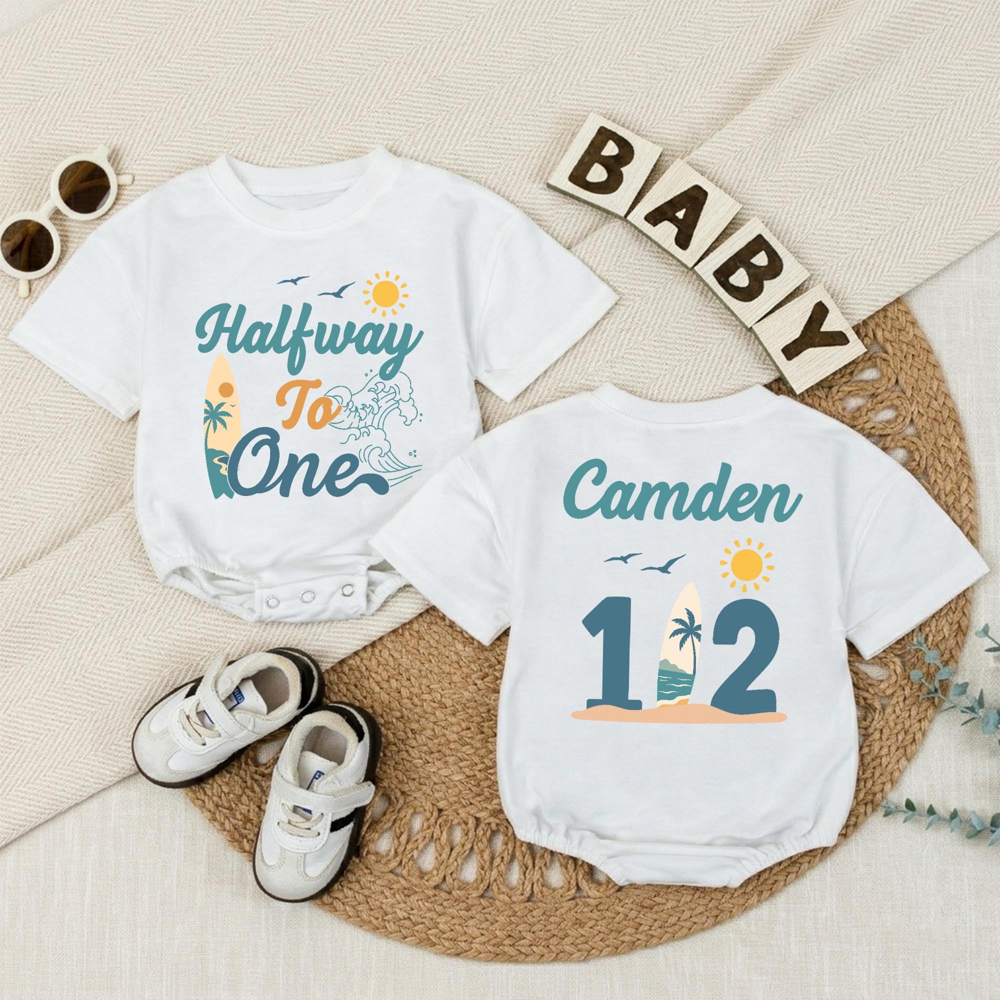 Halfway to One Baby Romper with Custom Name, Surfboard Beach Theme 6-Month Milestone Outfit for Baby Boy, Summer Photo Prop