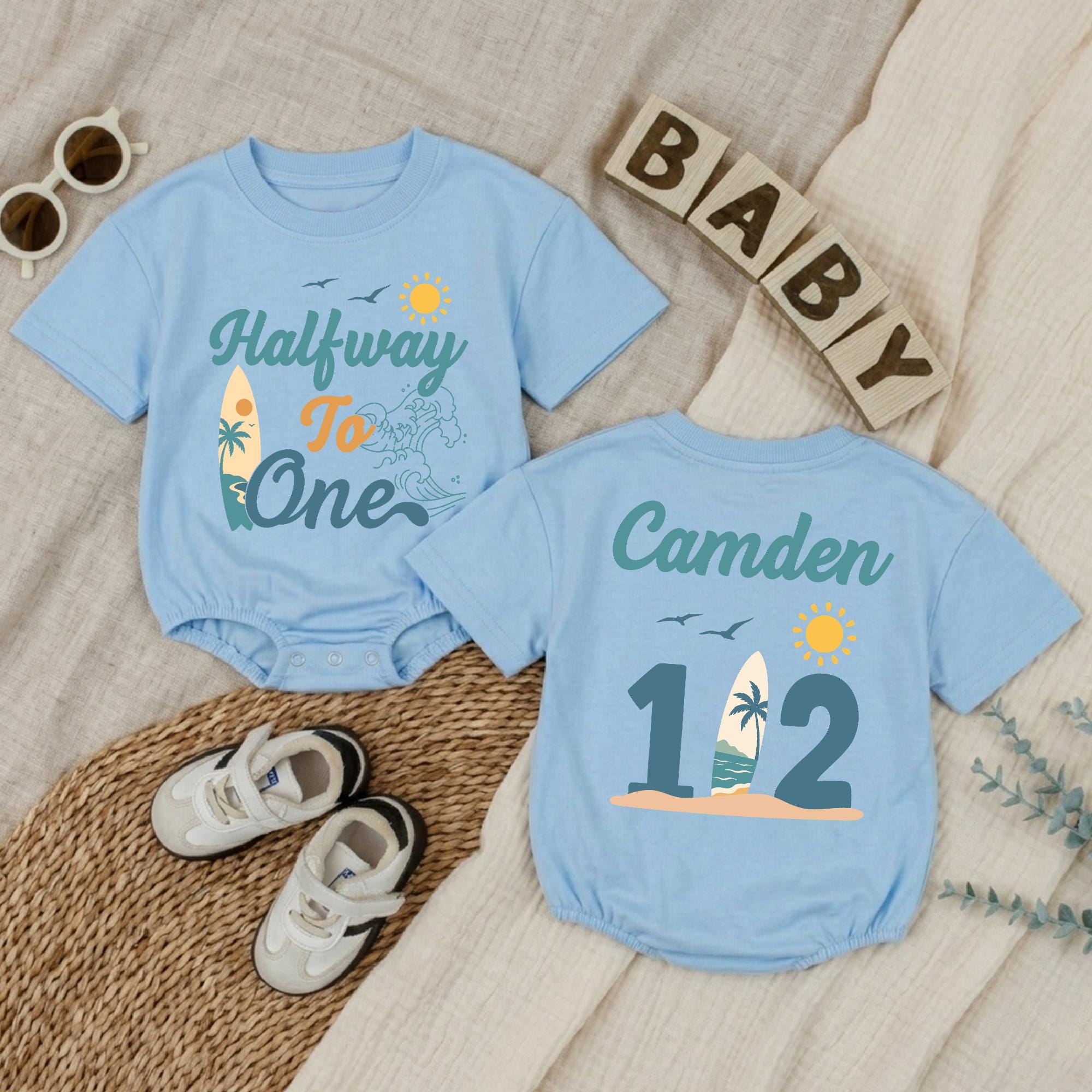 Halfway to One Baby Romper with Custom Name, Surfboard Beach Theme 6-Month Milestone Outfit for Baby Boy, Summer Photo Prop