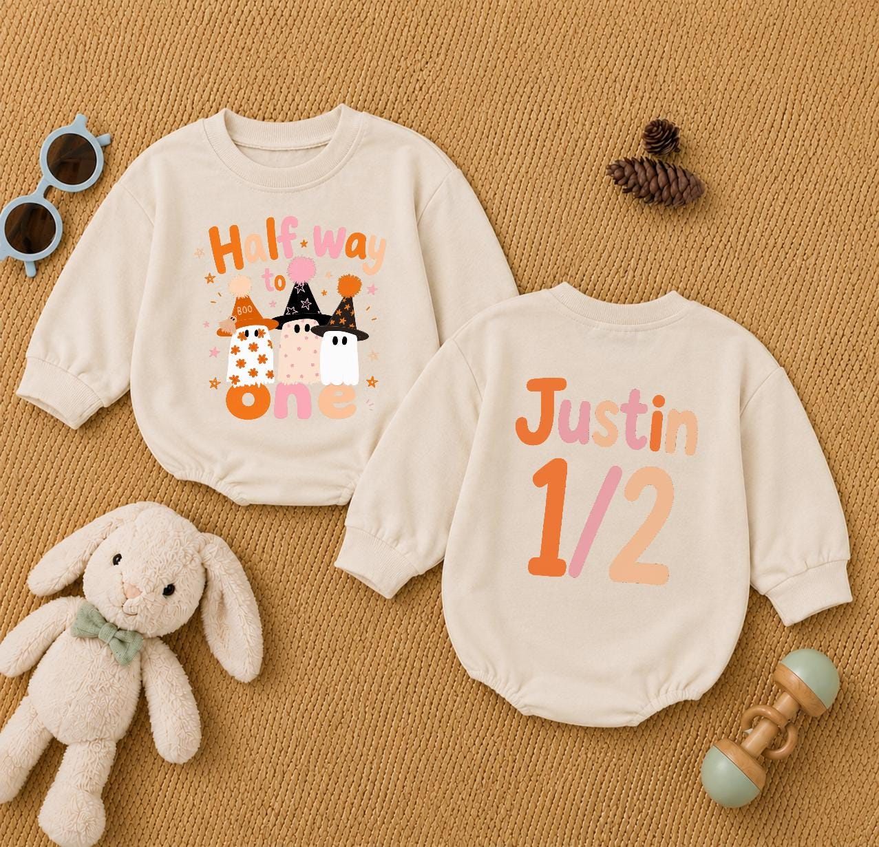Halfway to One Baby Romper with Cute Ghosts and Stars, Custom Name Half Birthday Outfit, 6 Month Halloween Baby Gift