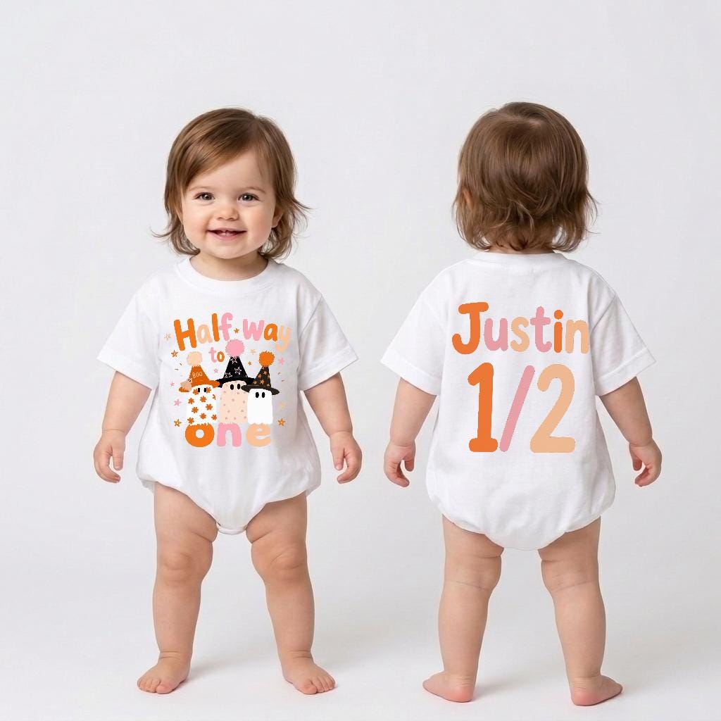 Halfway to One Baby Romper with Cute Ghosts and Stars, Custom Name Half Birthday Outfit, 6 Month Halloween Baby Gift