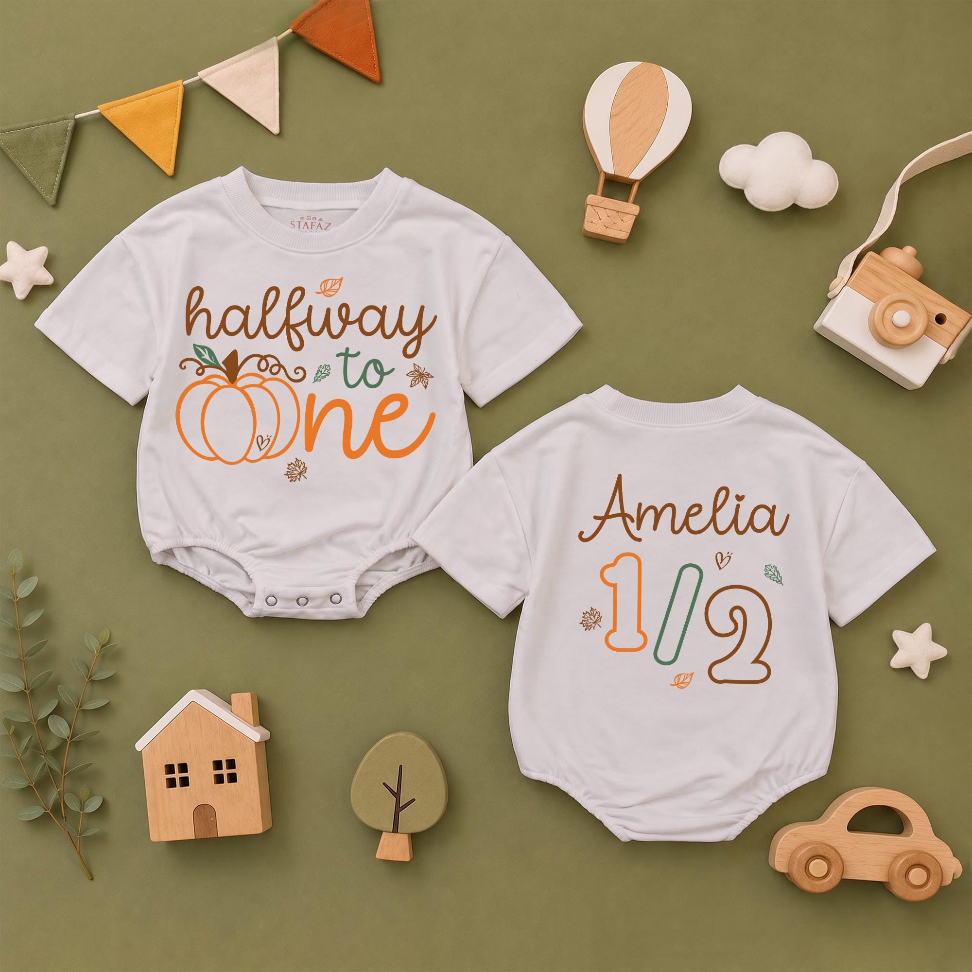 Halfway to One Baby Romper with Pumpkin Design and Custom Name, Half Birthday Outfit for Girls, Fall Milestone Photo Clothes