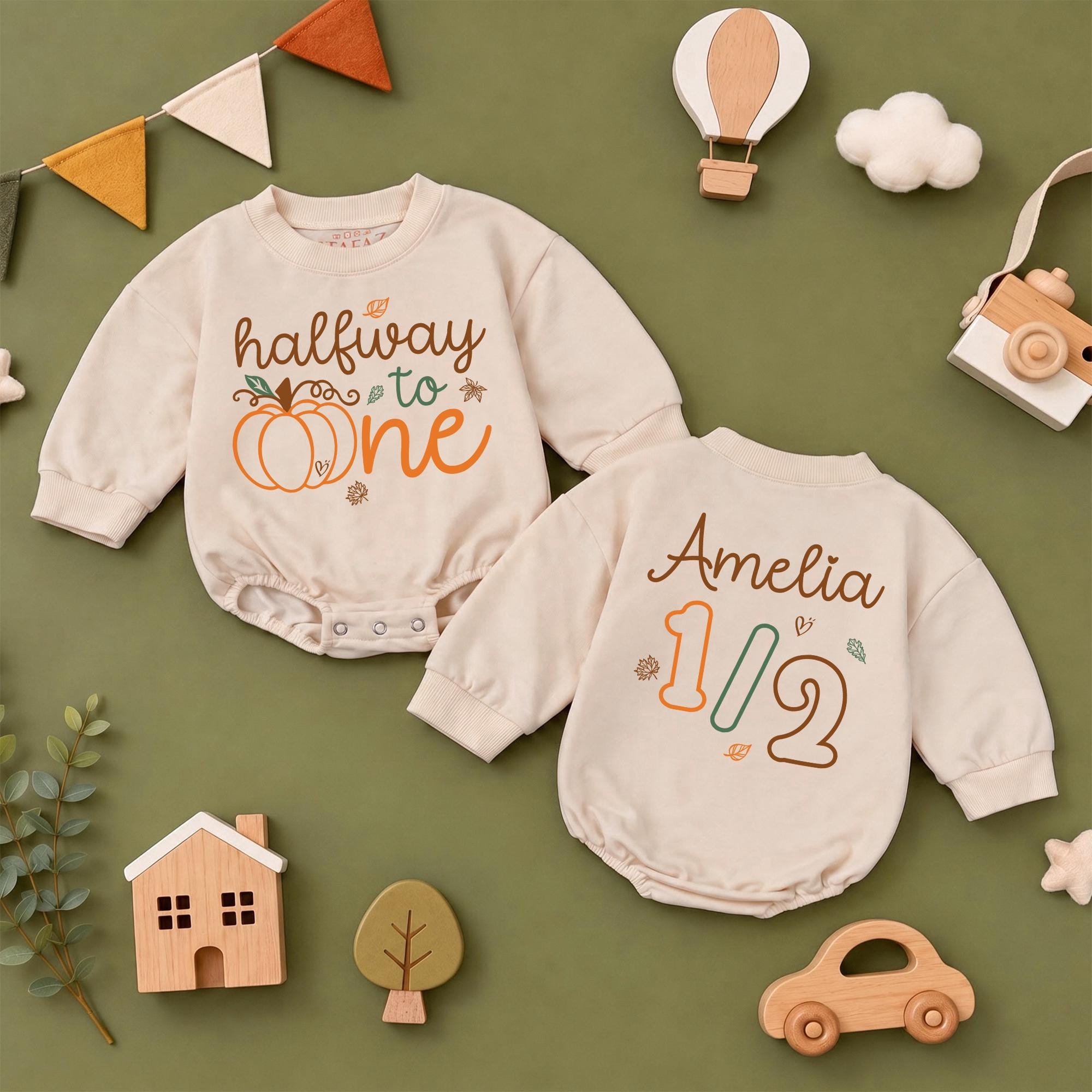 Halfway to One Baby Romper with Pumpkin Design and Custom Name, Half Birthday Outfit for Girls, Fall Milestone Photo Clothes