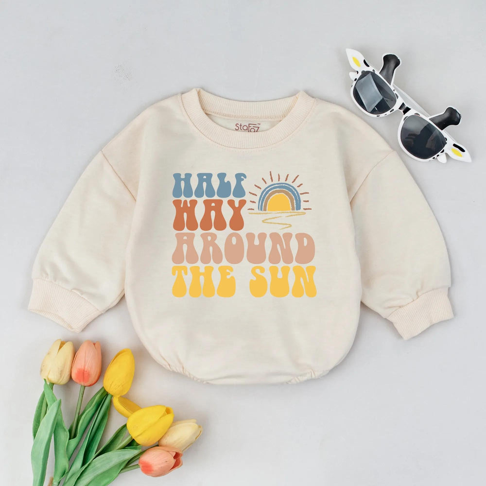 Halfway to One Baby Romper Retro 70s Half Birthday Outfit Sunshine Design Milestone Gift Soft Cotton Infant Clothes 6 Month Celebration