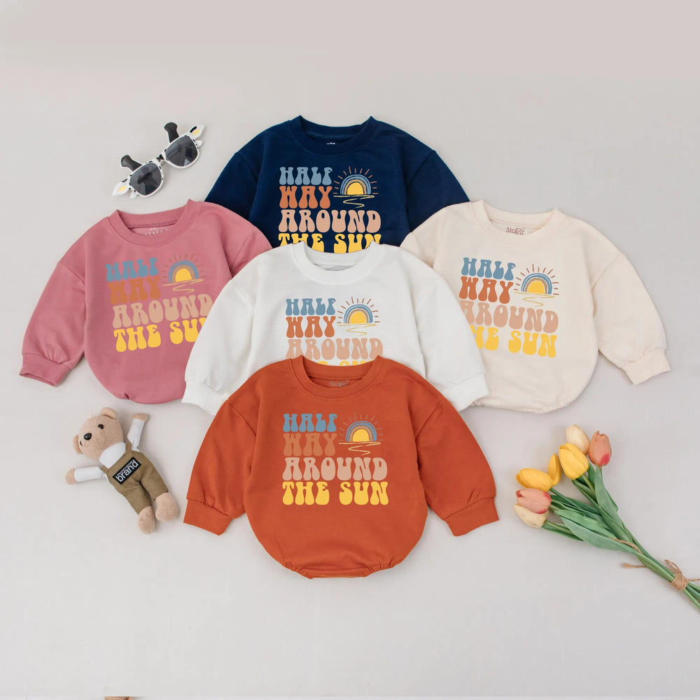 Halfway to One Baby Romper Retro 70s Half Birthday Outfit Sunshine Design Milestone Gift Soft Cotton Infant Clothes 6 Month Celebration