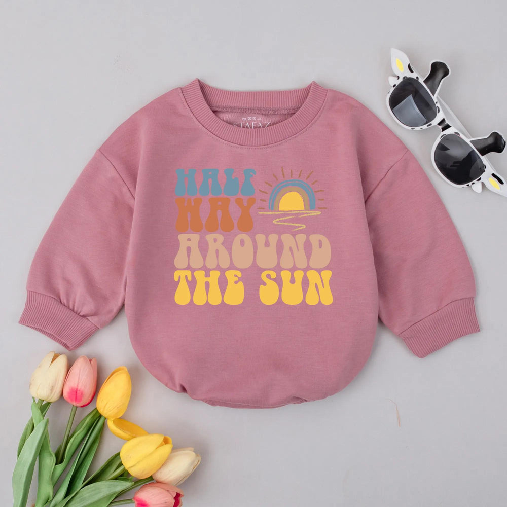 Halfway to One Baby Romper Retro 70s Half Birthday Outfit Sunshine Design Milestone Gift Soft Cotton Infant Clothes 6 Month Celebration