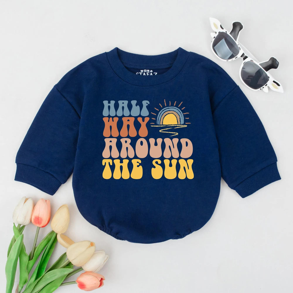 Halfway to One Baby Romper Retro 70s Half Birthday Outfit Sunshine Design Milestone Gift Soft Cotton Infant Clothes 6 Month Celebration