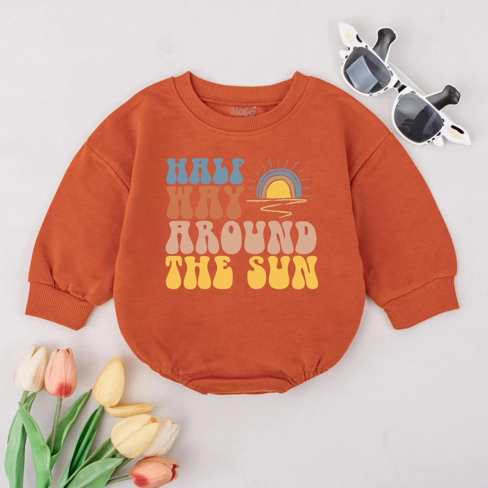 Halfway to One Baby Romper Retro 70s Half Birthday Outfit Sunshine Design Milestone Gift Soft Cotton Infant Clothes 6 Month Celebration