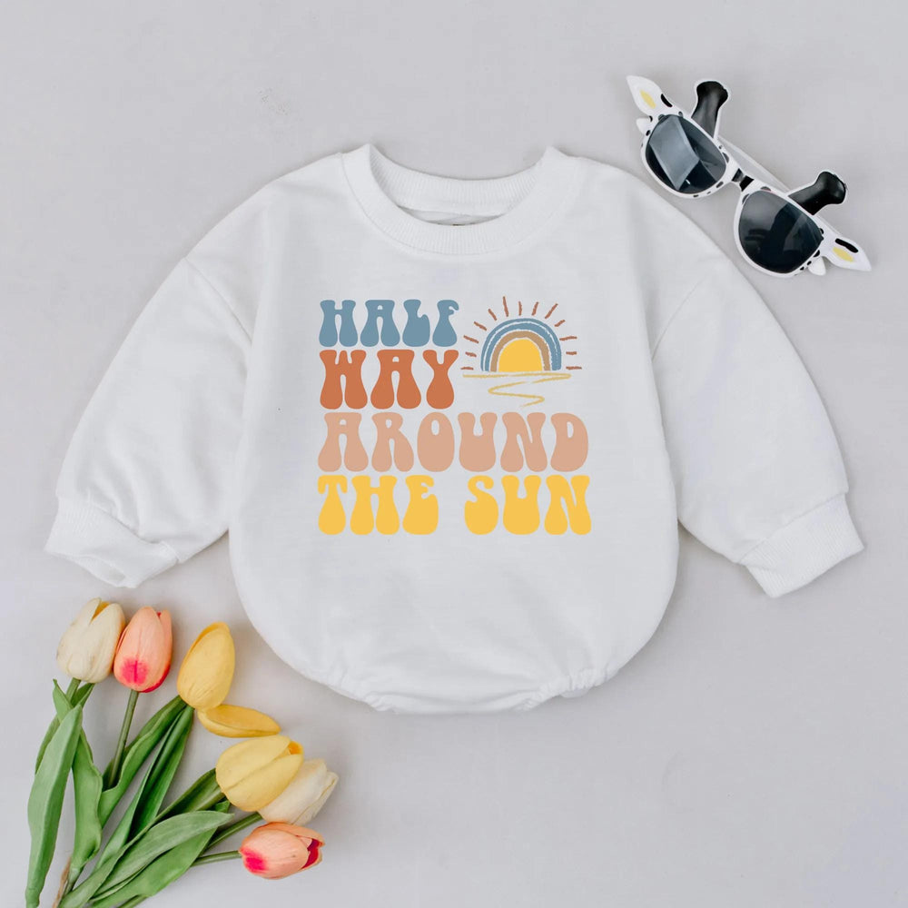 Halfway to One Baby Romper Retro 70s Half Birthday Outfit Sunshine Design Milestone Gift Soft Cotton Infant Clothes 6 Month Celebration