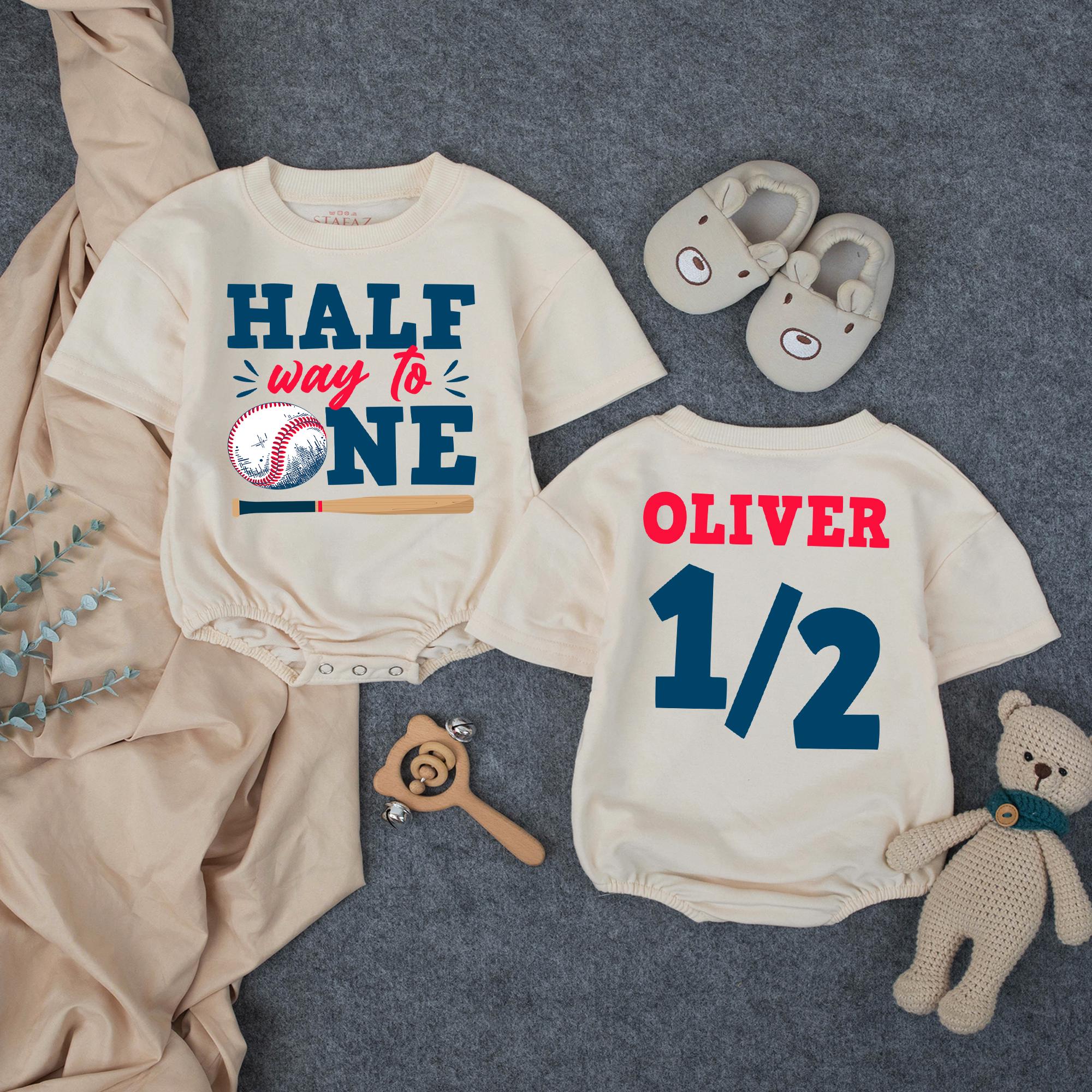 Halfway To One Baseball Baby Romper with Custom Name, 6 Month Birthday Boy Outfit and Milestone Photo Bodysuit