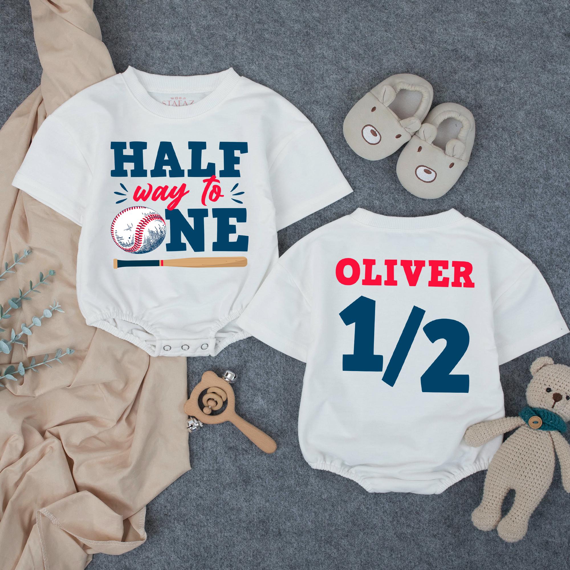 Halfway To One Baseball Baby Romper with Custom Name, 6 Month Birthday Boy Outfit and Milestone Photo Bodysuit