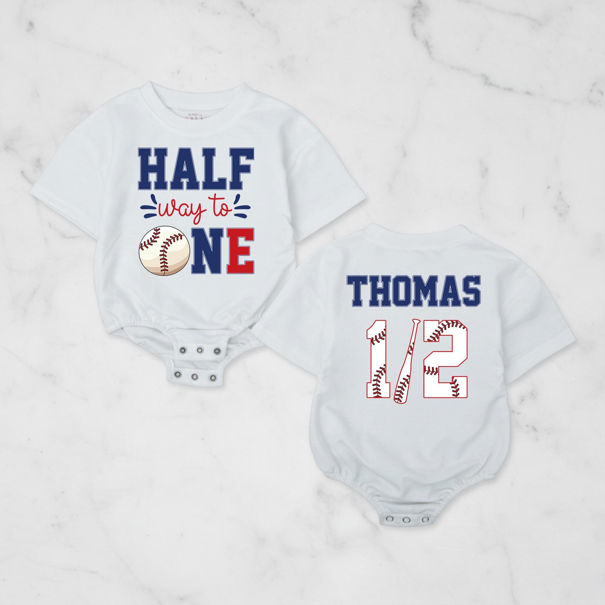 Halfway to One Baseball Romper with Custom Name 6 Month Birthday Outfit Baby Boy Sports Bodysuit Red Navy Blue Half Birthday Gift