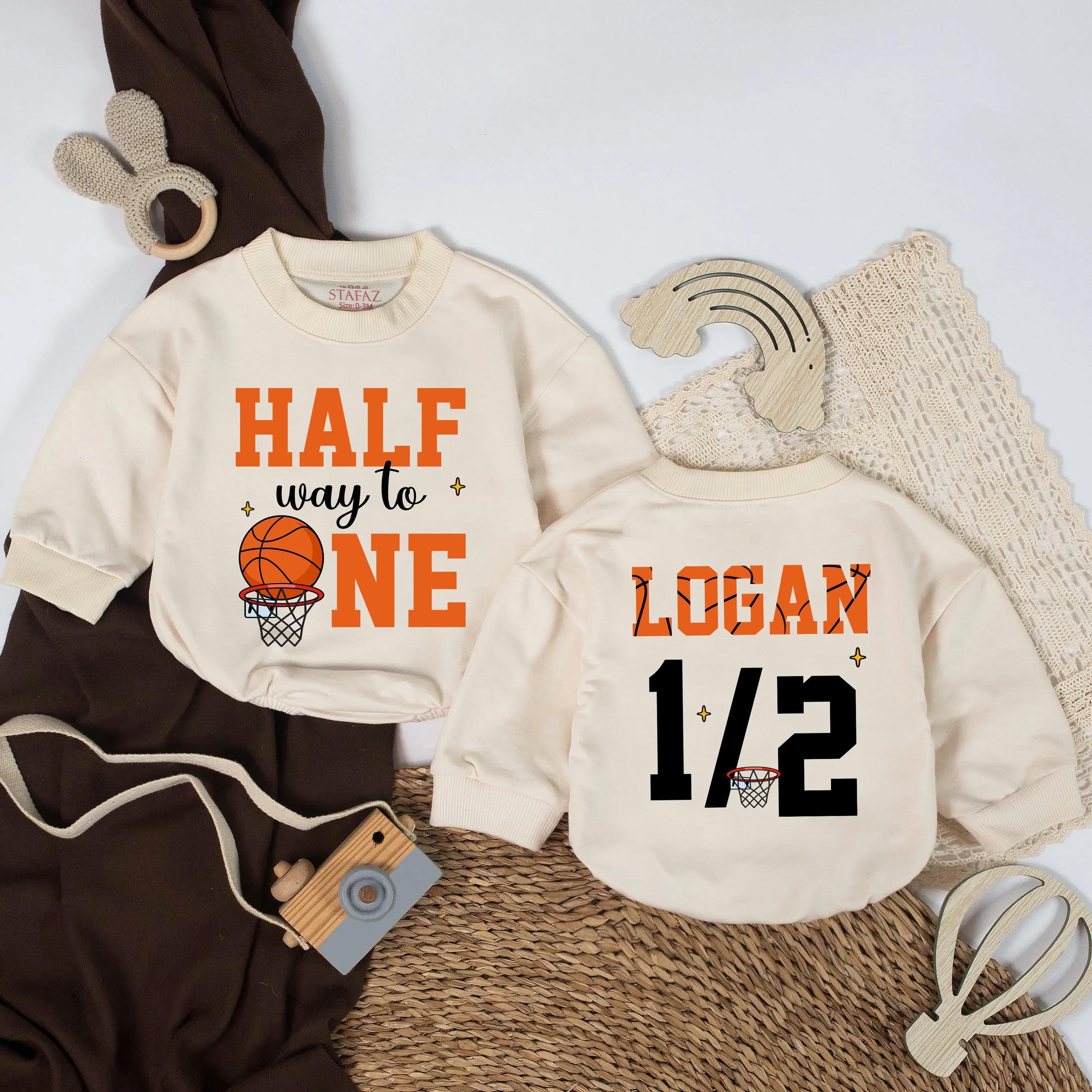 Halfway to One Basketball Baby Romper with Custom Name, Six Month Birthday Outfit, Half Birthday Milestone Bodysuit