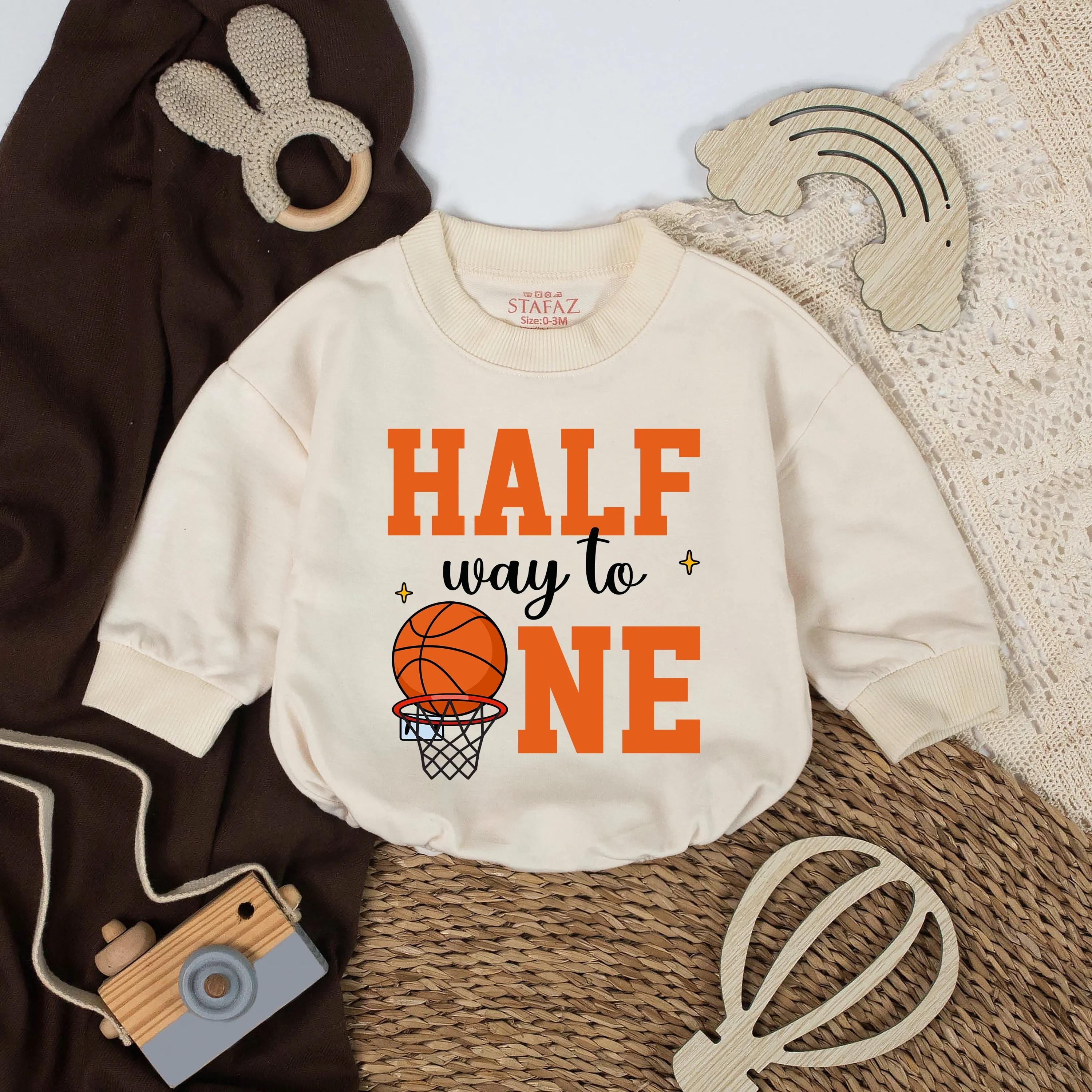Halfway to One Basketball Baby Romper with Custom Name, Six Month Birthday Outfit, Half Birthday Milestone Bodysuit