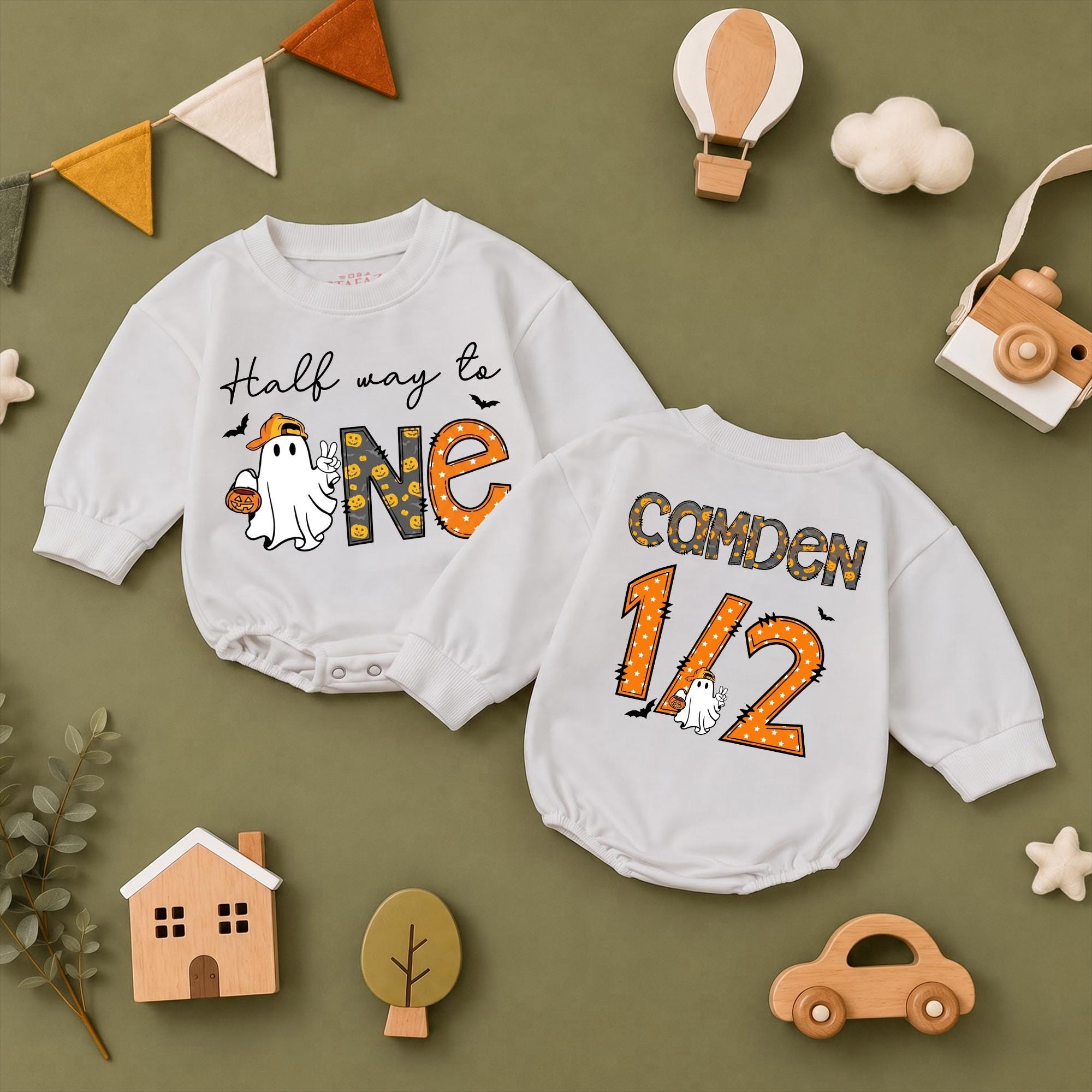 Halfway to One Halloween Baby Romper with Ghost and Pumpkin Design, Custom Name 6-Month Outfit for Fall and Milestone Photos