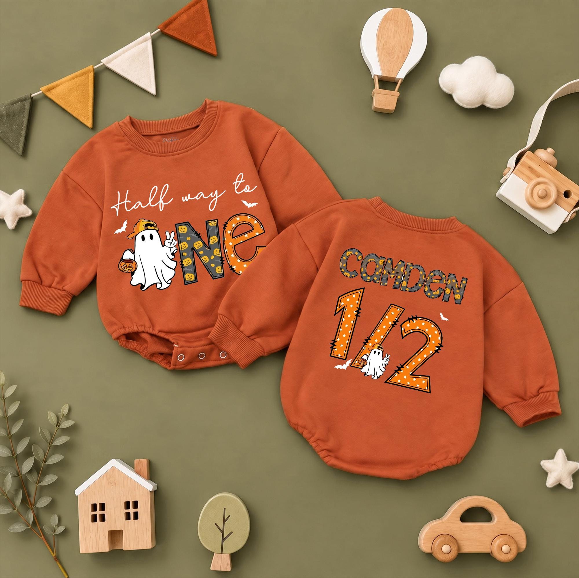 Halfway to One Halloween Baby Romper with Ghost and Pumpkin Design, Custom Name 6-Month Outfit for Fall and Milestone Photos
