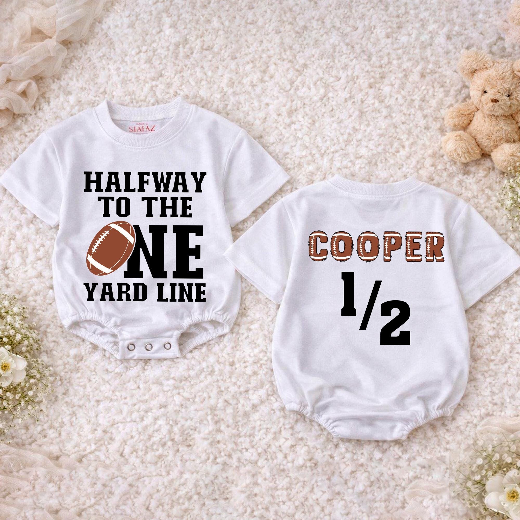 Halfway to the One Yard Line Baby Romper with Football Graphic and Custom Name, Personalized Half Birthday Boy Outfit