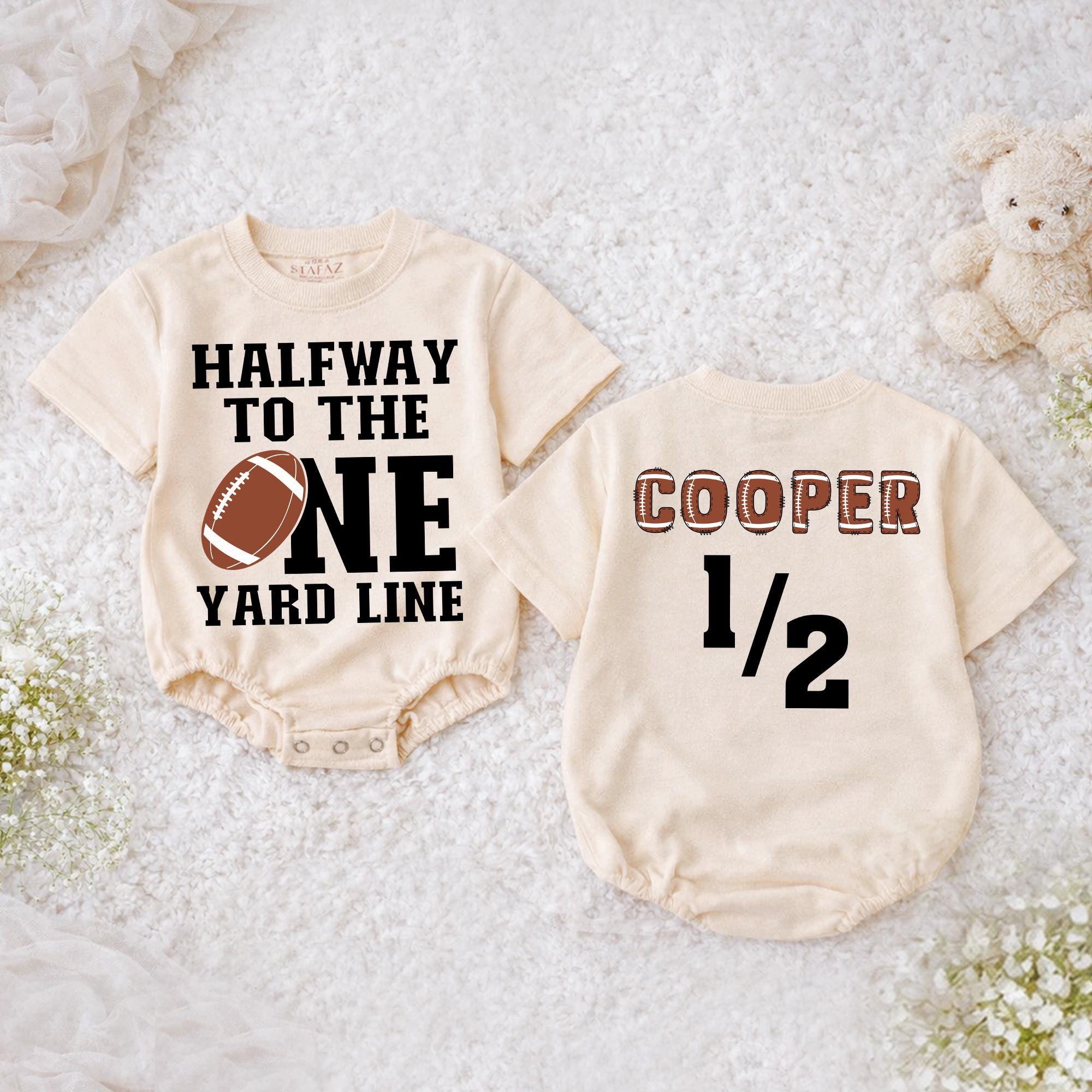 Halfway to the One Yard Line Baby Romper with Football Graphic and Custom Name, Personalized Half Birthday Boy Outfit