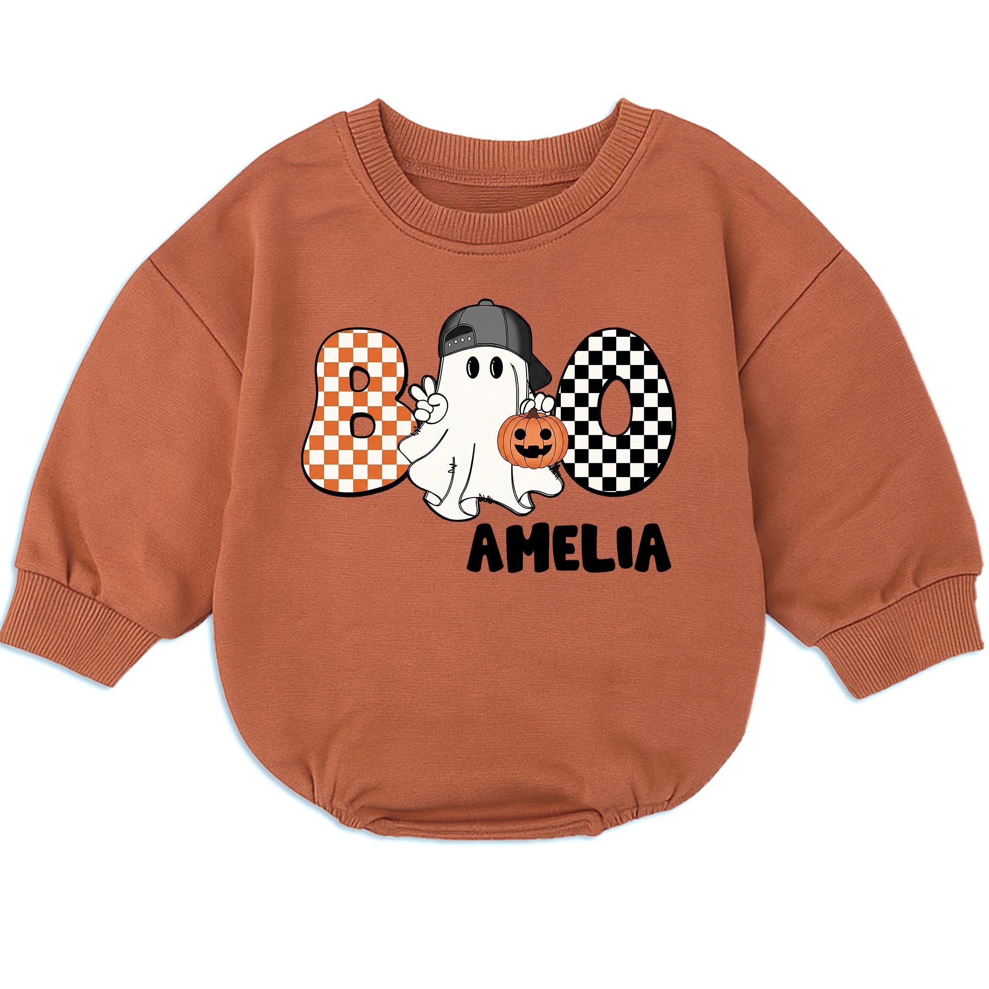 Halloween Boo Ghost Baby Bubble Romper with Checkered Letters and Custom Name, Fall Infant Outfit for Pumpkin Patch or Trick-or-Treating
