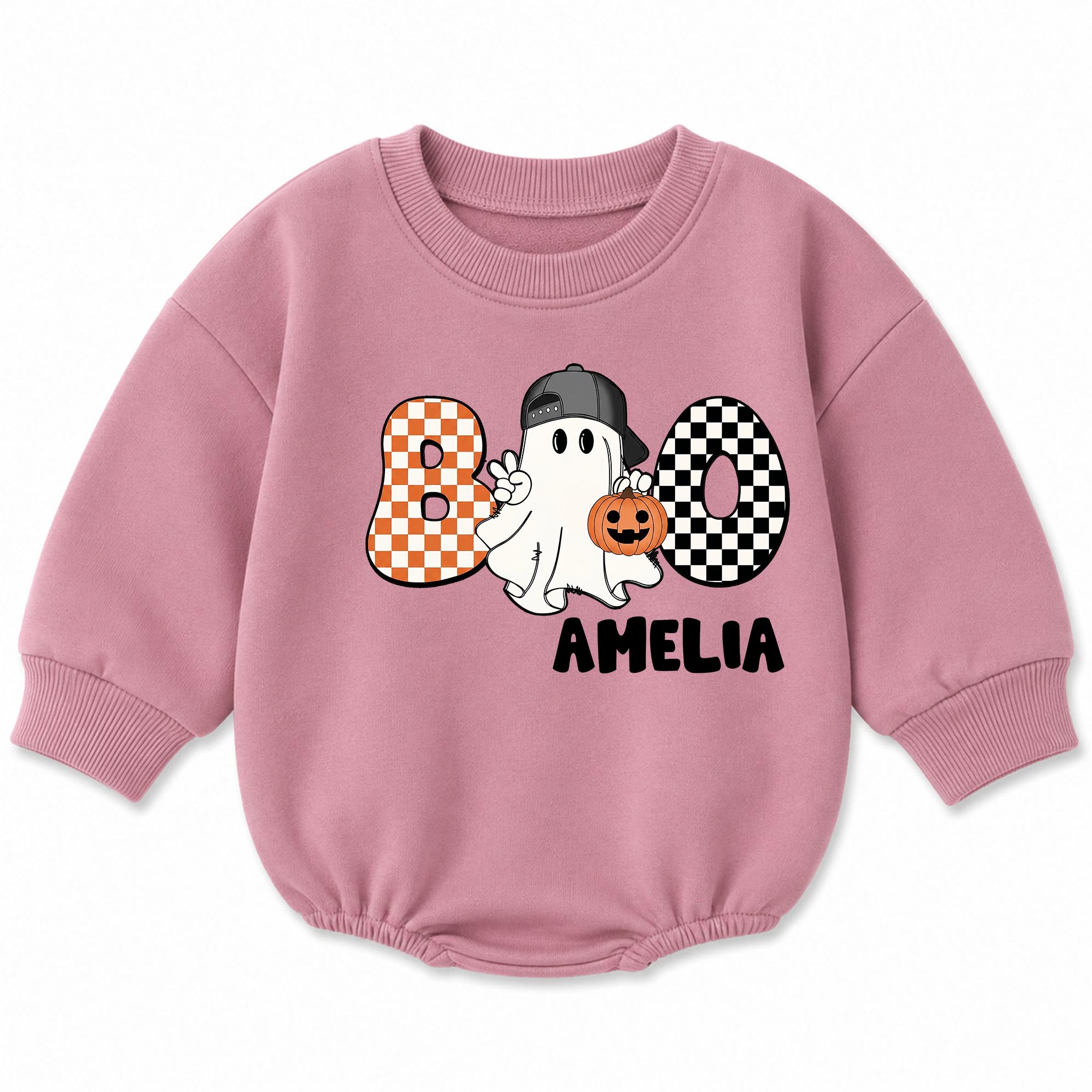 Halloween Boo Ghost Baby Bubble Romper with Checkered Letters and Custom Name, Fall Infant Outfit for Pumpkin Patch or Trick-or-Treating