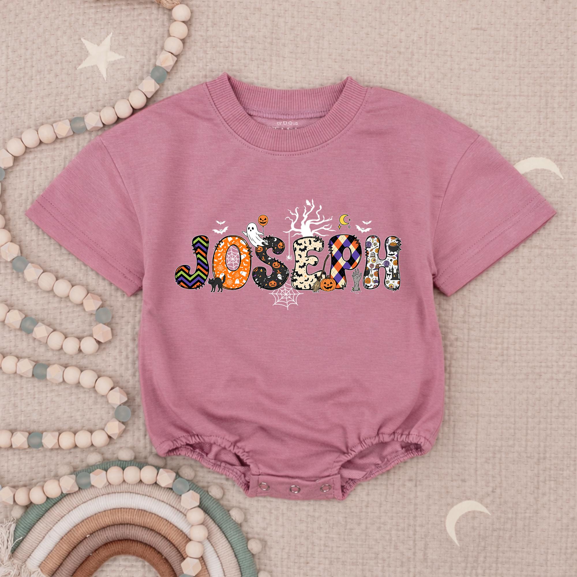 Halloween Bubble Letter Baby Romper with Custom Name, Spooky Doodle Artwork, Infant Pumpkin Patch Outfit, Fall Photo Shoot