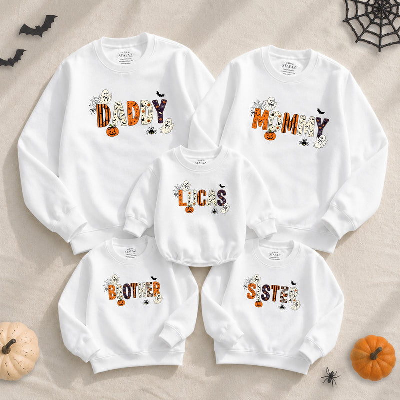 Halloween Family Matching Sweatshirts with Cute Spooky Lettering, Custom Names for Mom, Dad, Kids & Baby, Cozy Fall Outfit