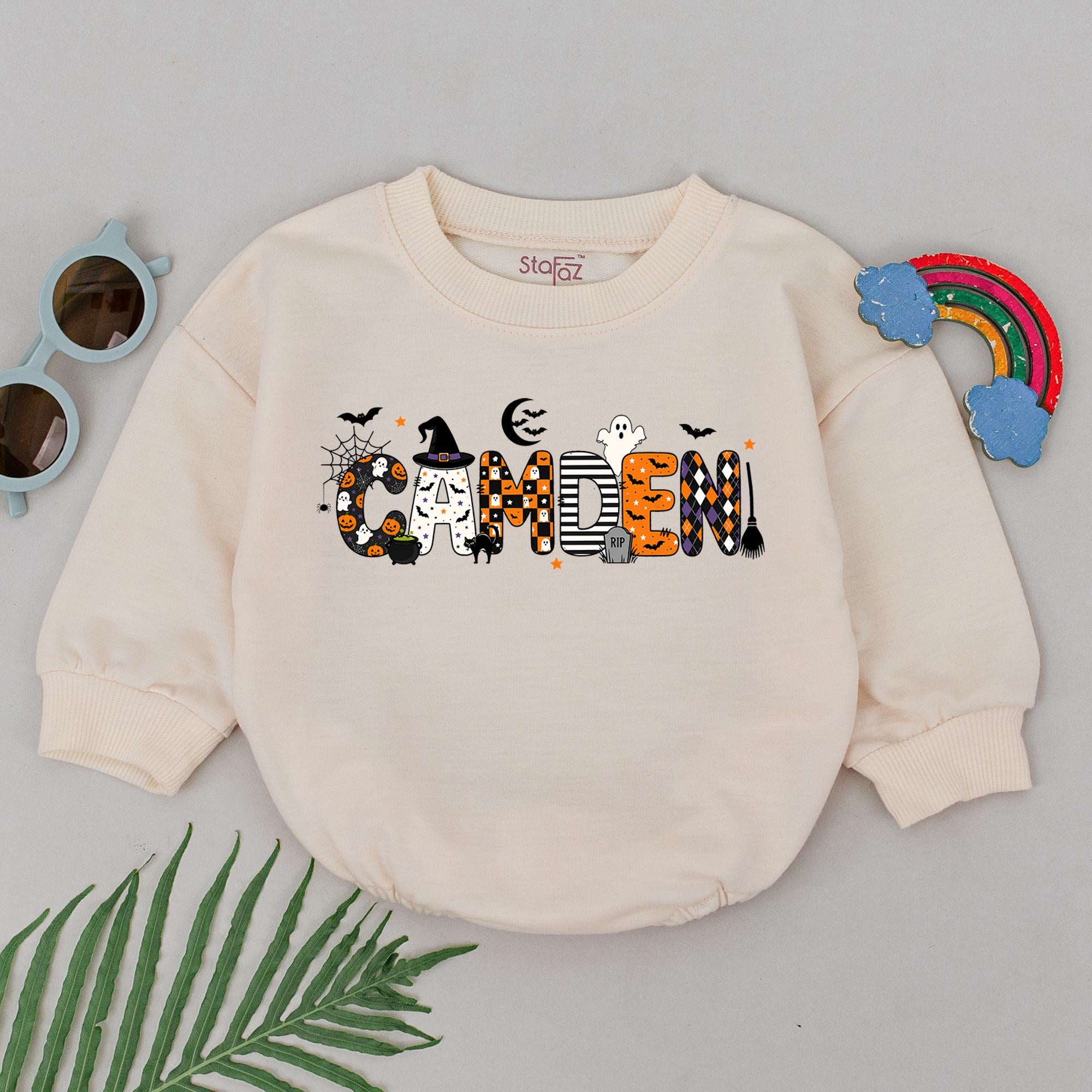 Halloween Ghost and Pumpkin Baby Romper with Custom Name, Spooky Cute Fall Outfit for Infant Pumpkin Patch Photos