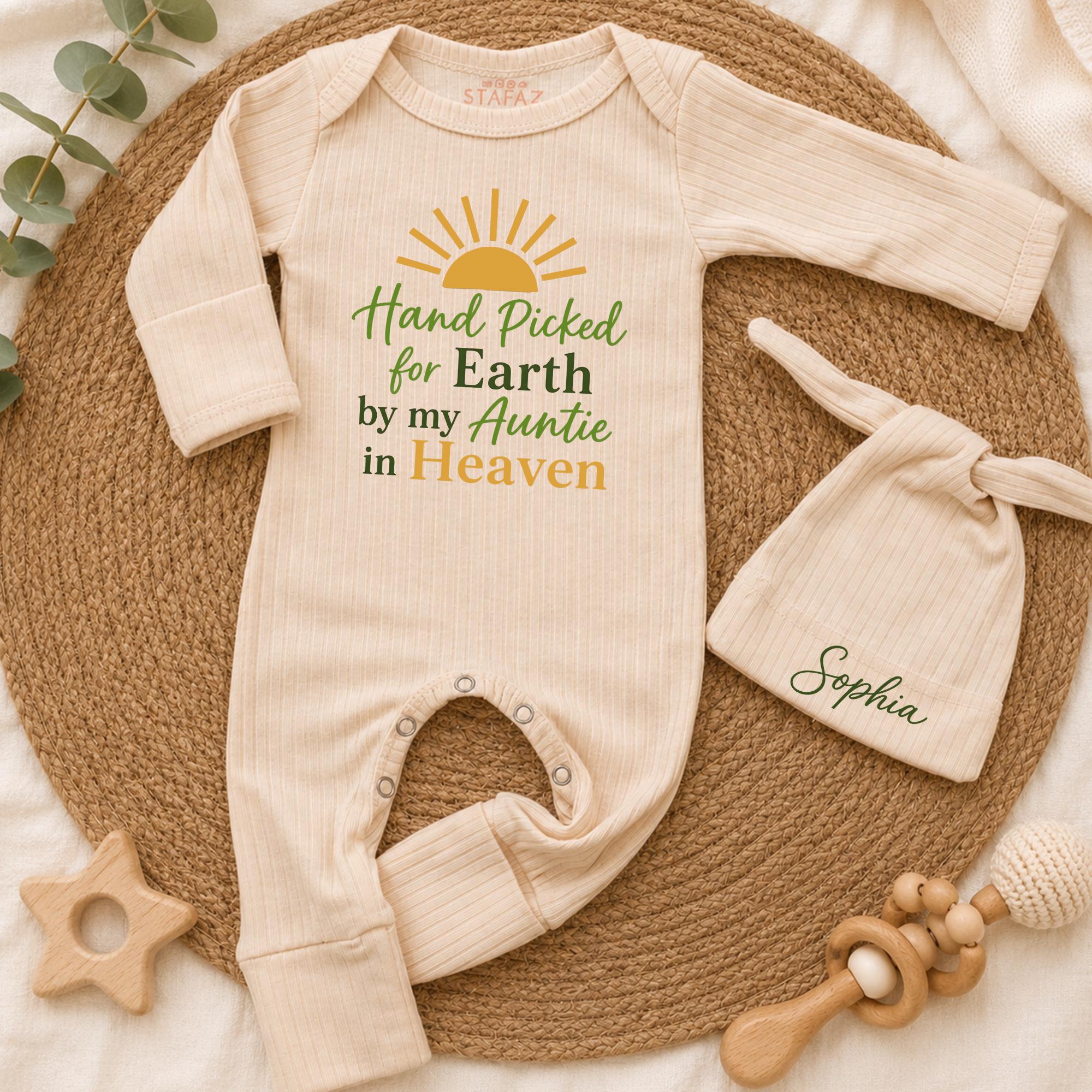 Hand Picked for Earth by My Auntie in Heaven Baby Romper with Matching Hat, Custom Name Memorial Outfit for Newborns
