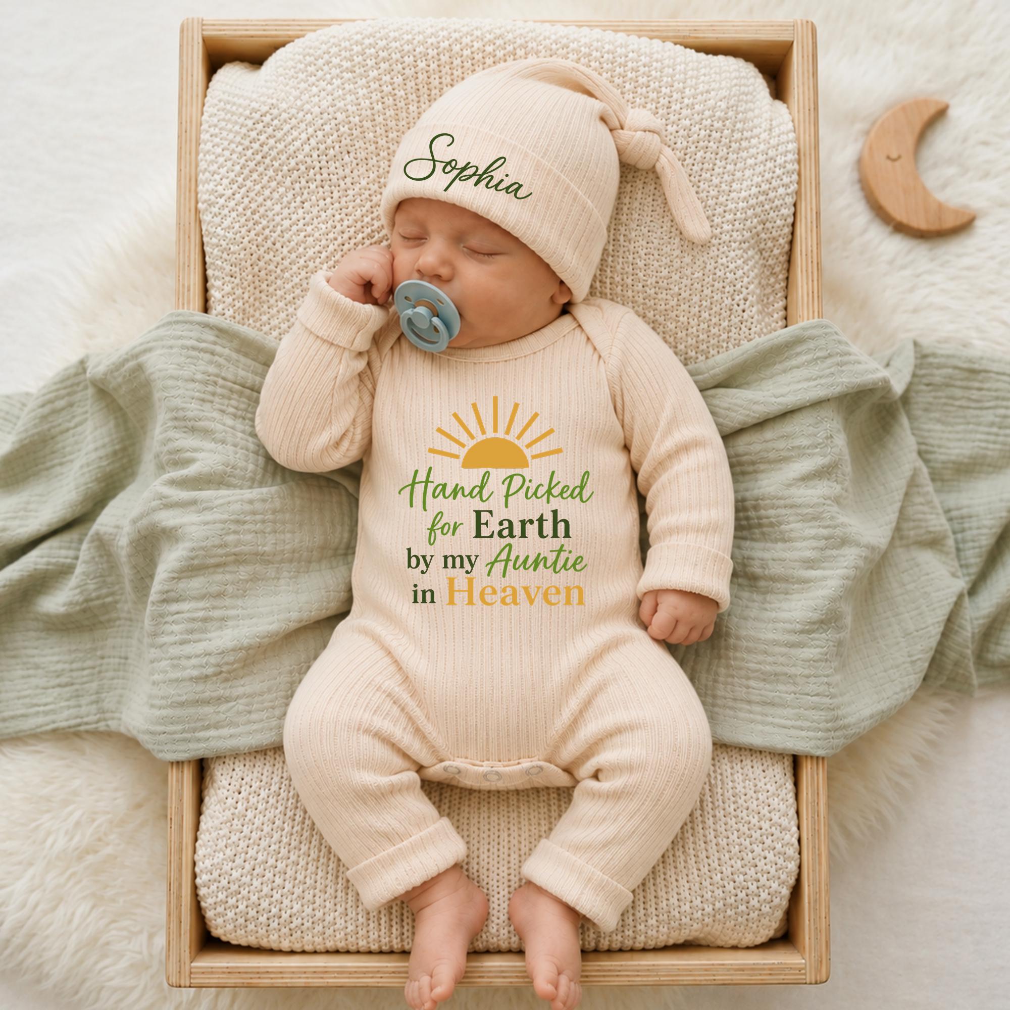Hand Picked for Earth by My Auntie in Heaven Baby Romper with Matching Hat, Custom Name Memorial Outfit for Newborns