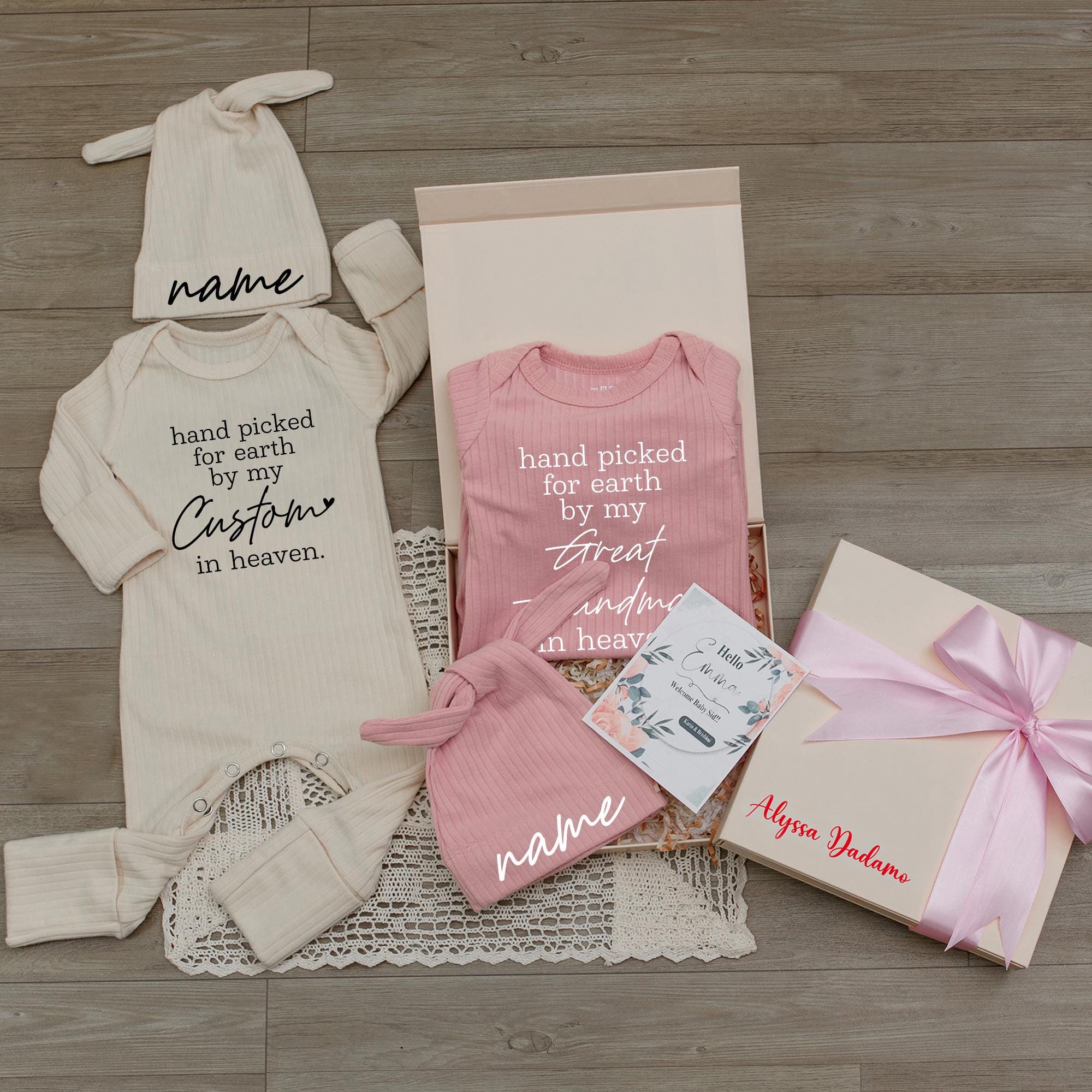 Hand Picked for Earth by My Grandma in Heaven Baby Bodysuit and Hat Set, Newborn Coming Home Outfit with Custom Name