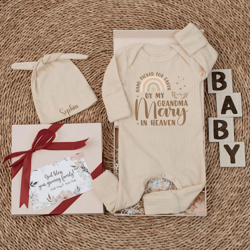 Hand Picked for Earth by My Grandma in Heaven Baby Bodysuit Personalized Gift for Newborns, Baby Shower, Pregnancy Announcement Outfit