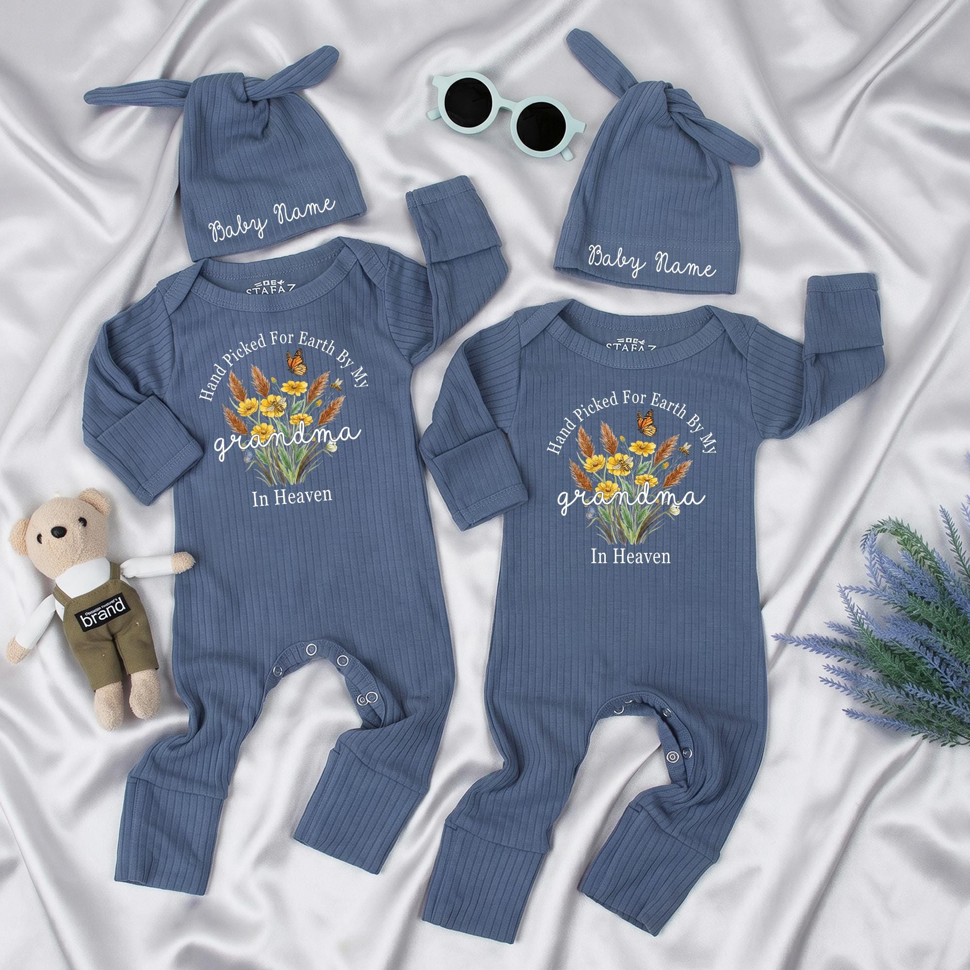 Hand Picked for Earth by My Grandma in Heaven Baby Romper and Hat Set, Custom Name Newborn Outfit, Memorial Gift for Babies