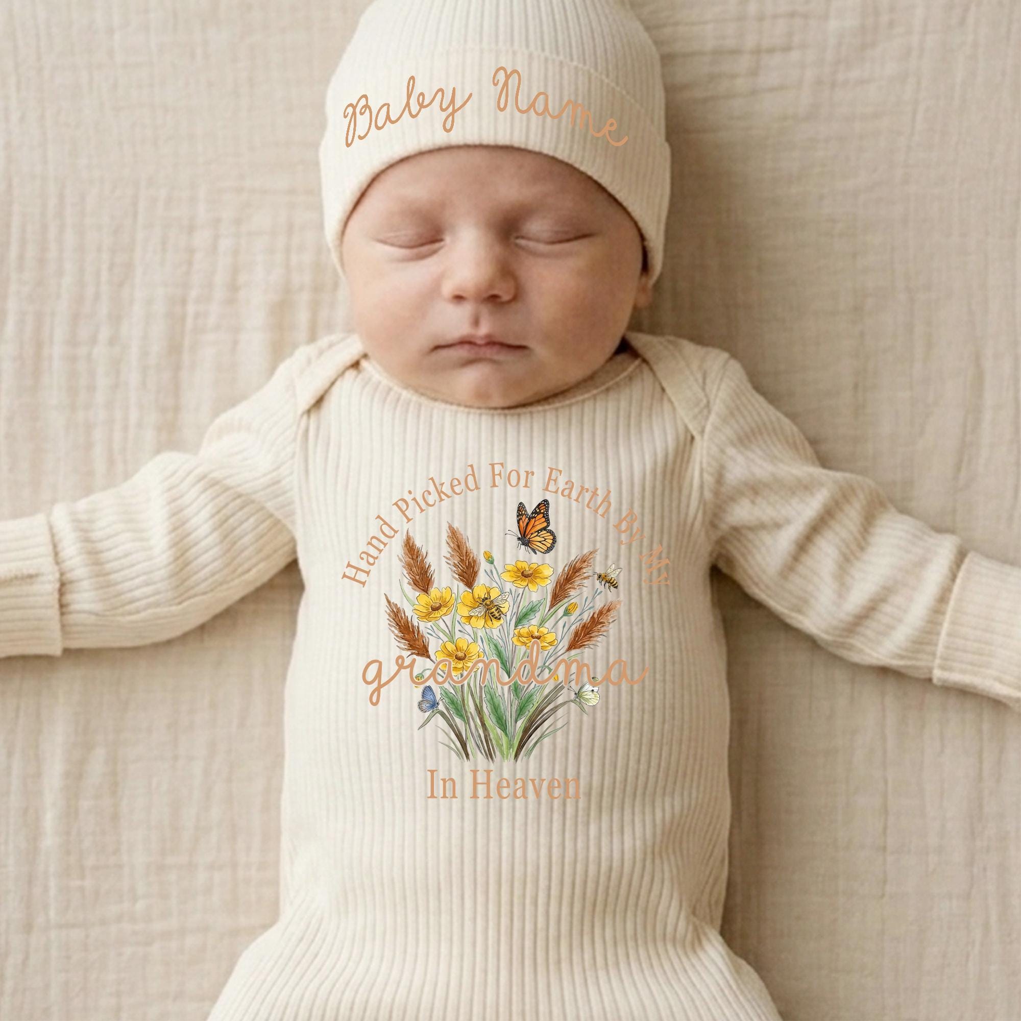 Hand Picked for Earth by My Grandma in Heaven Baby Romper and Hat Set, Custom Name Newborn Outfit, Memorial Gift for Babies