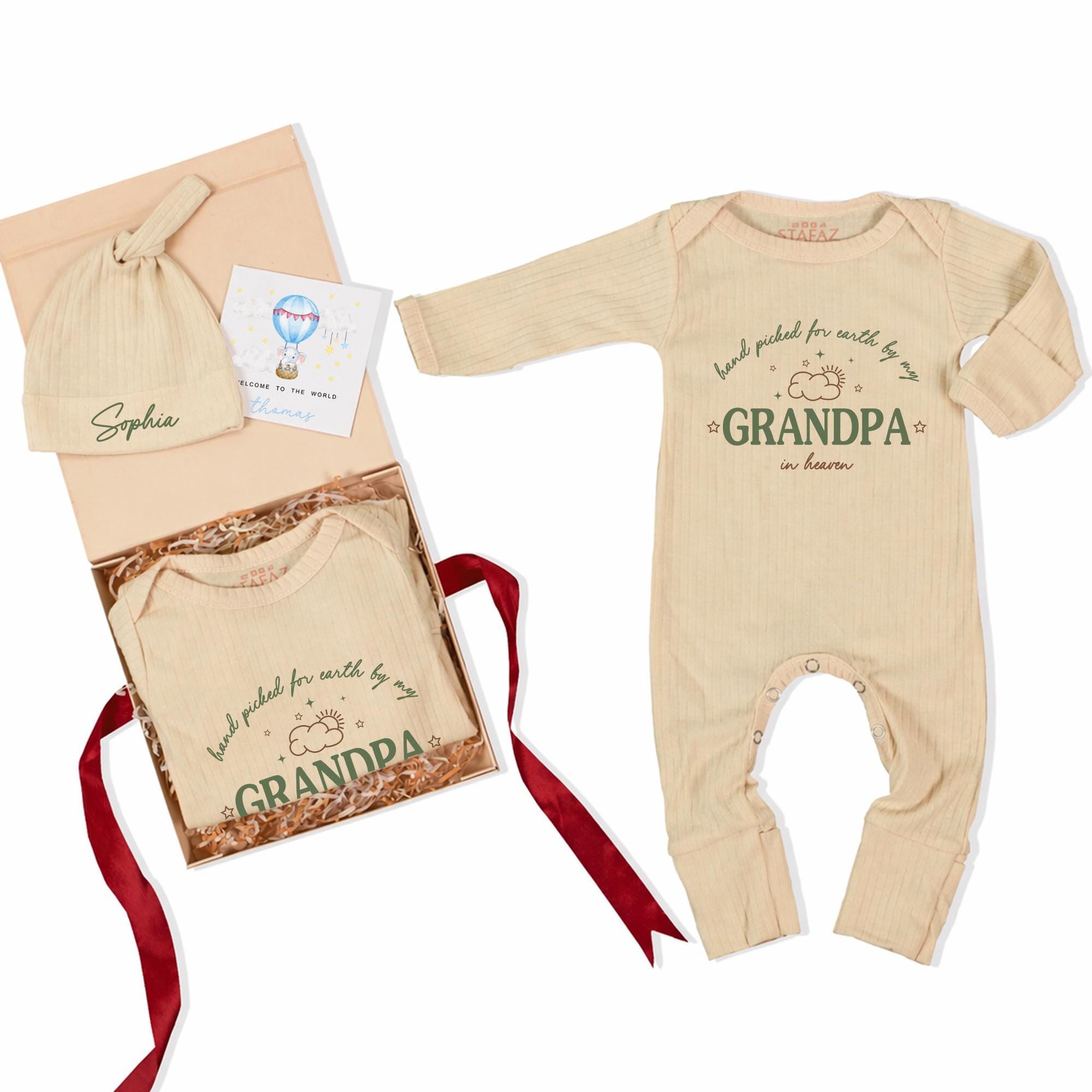 Hand Picked for Earth by My Grandpa Baby Bodysuit and Custom Name Hat, Memorial Baby Outfit, Newborn Coming Home Set