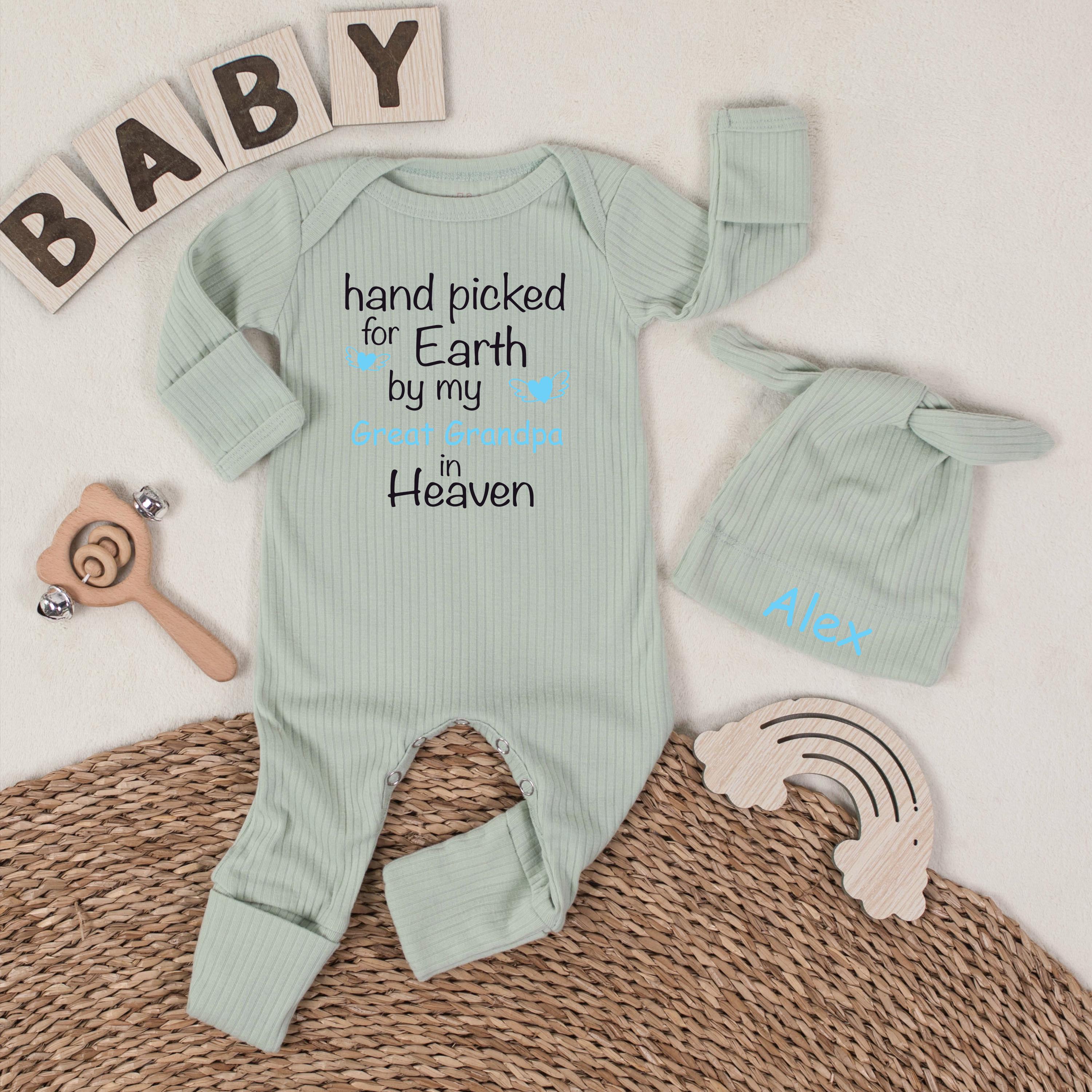Hand Picked for Earth by My Great Grandpa in Heaven Baby Bodysuit and Hat Set, Custom Name Newborn Outfit, Baby Shower Gift