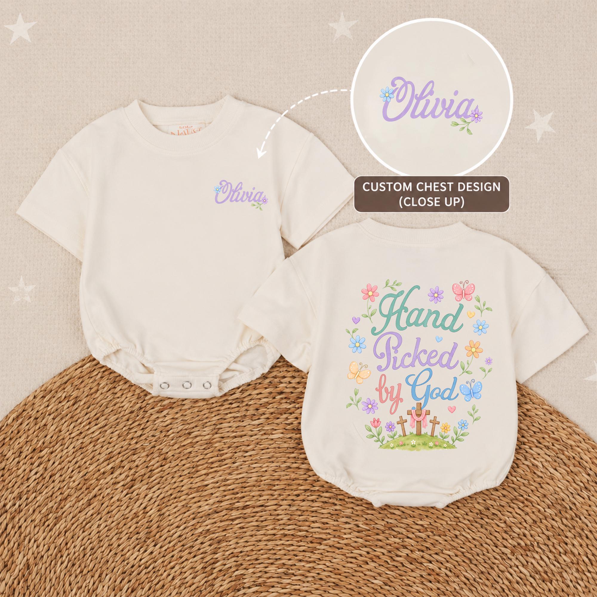 Hand Picked by God Baby Girl Romper with Floral Design and Custom Name, Christian Newborn Outfit for Baby Shower Gift