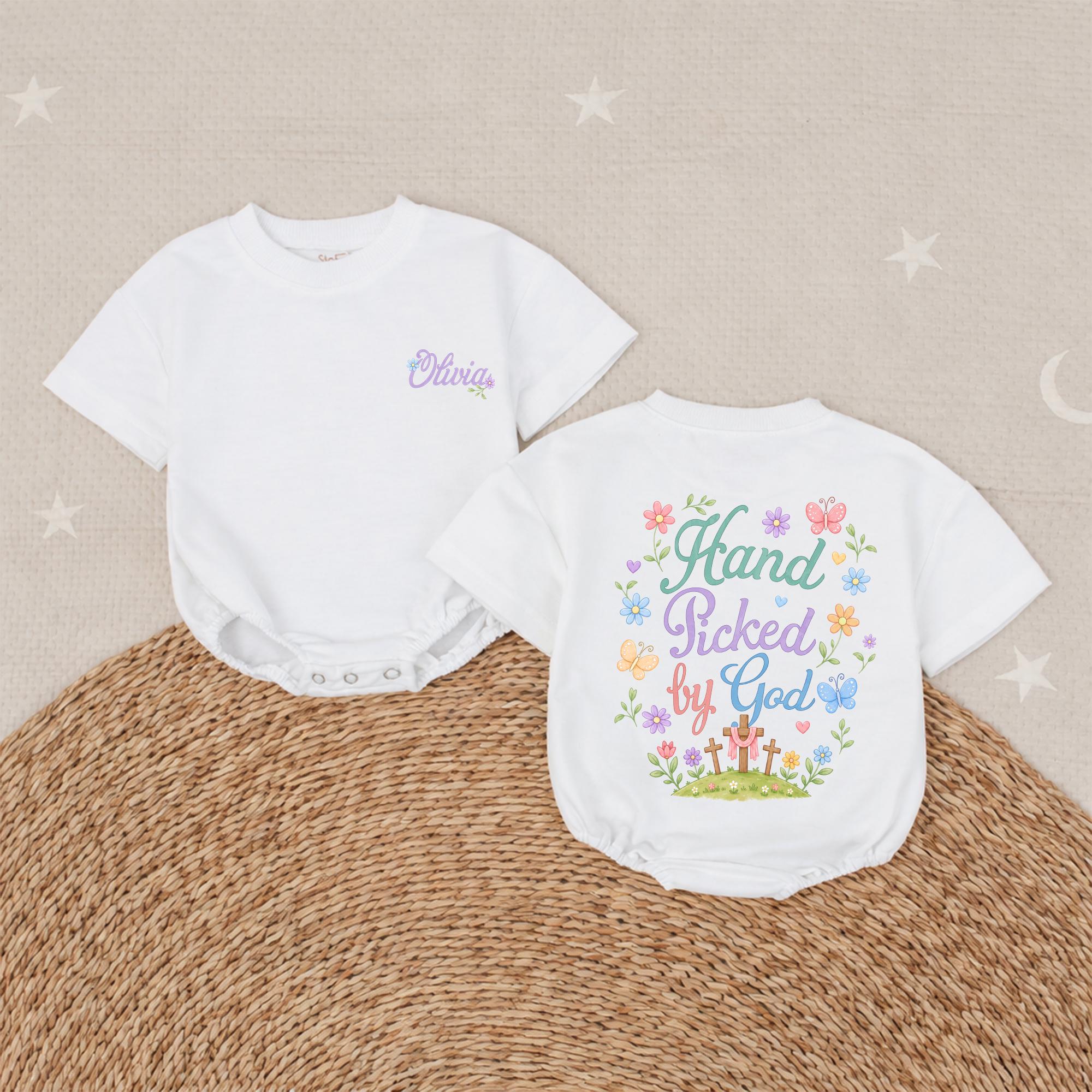 Hand Picked by God Baby Girl Romper with Floral Design and Custom Name, Christian Newborn Outfit for Baby Shower Gift